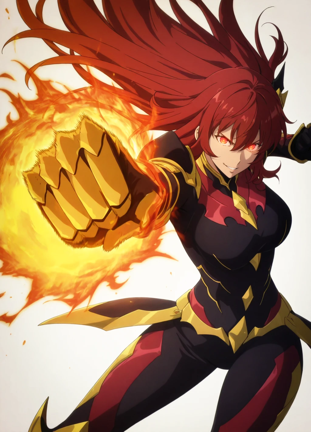 (simple background, white background),
anime screencap,anime coloring,
dynamic pose, fighting stance,punching,
(masterpiece, best quality:1.2),
hair ornament,
<lora:Baek_Miho:0.8>, miho1, 1girl, solo, long hair, red hair, armor, bodysuit, parted lips, breasts, red eyes,large breasts, smile, hair between eyes, shoulder armor,gauntlets,
cowboy shot,
glowing eyes, orange aura, fire, magic,
<lora:add-detail-xl:1>,