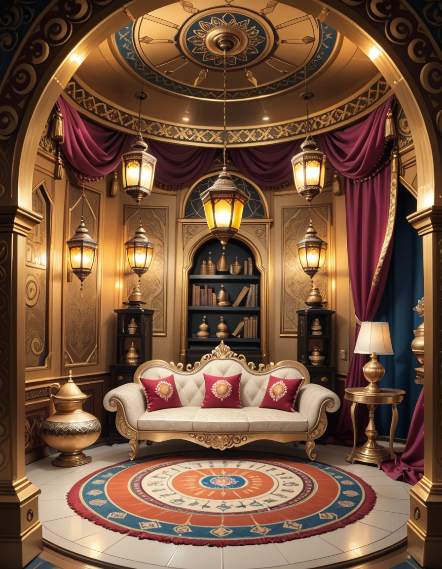 The interior of a genieâs lamp, imagined as a luxurious, mystical chamber with ornate Arabian decor. The space is curved and enclosed, with golden walls engraved with swirling patterns and ancient calligraphy. Rich fabrics in deep reds and purples drape from the ceiling and line the walls. A low, jewel-encrusted divan with embroidered cushions sits at the center on a circular mosaic floor. Hanging lanterns cast a warm, magical glow, reflecting off the golden surfaces. Incense burners rest in the corners, and the air seems to shimmer with enchantment. No characters are present.genie lamp 1nt3r10r, <lora:genie_lamp_1nt3r10r-p:1>,score_9, score_8_up, score_7_up,amazing quality, ultra realistic, 3D, HD, best quality, amazing quality, very aesthetic, absurdres,
