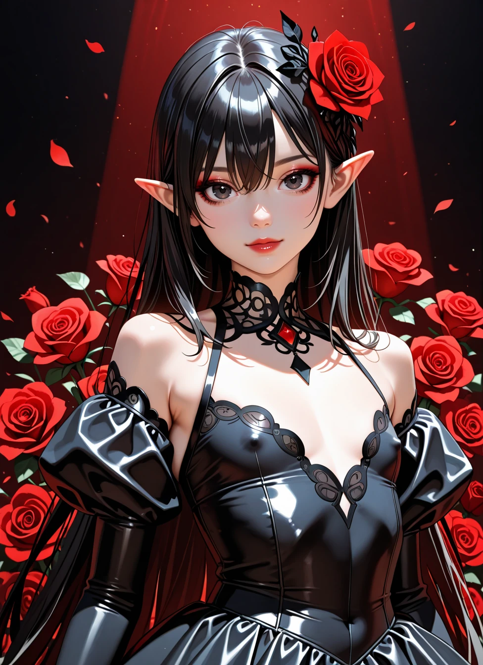 (realistic, photorealistic, realistic shading:1.21), (masterpiece, best quality, amazing quality:1.10), very aesthetic, ultra detailed, highly detailed, intricate details, absurdres, (volumetric lighting, HDR:1.10), 1girl, black eyes, eyeshadow, hair between eyes, black hair, hair flower, hair ornament, pointy ears, very long hair, roses, makeup, black dress, long sleeves, puffy sleeves, juliet sleeves, pointy black nails, nail polish, black eyeliner, red roses background, red lips, upper body, flat chest, covered nipples, bare shoulders,, <BREAK> , masterpiece, best quality, absurdres, highres, very aesthetic, high quality, detailed, insanely detailed, beautiful, very awa, anime screencap