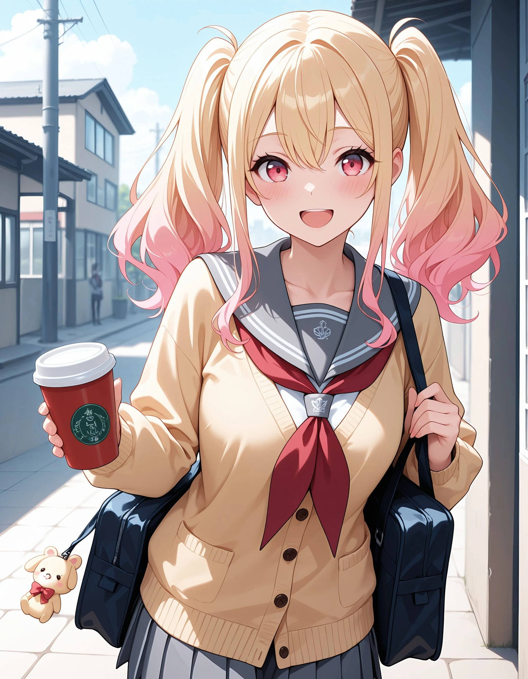 (masterpiece:1.4), (best quality:1.4), (ultra-detailed:1.3), (very aesthetic:1.3), (absurdres:1.4), (perfect anatomy:1.3), looking at viewer, twintails, multicolored hair, gradient hair, red eyes, pink eyes, pink hair, blonde hair, long hair, tenmasaki, school uniform, smile, open mouth, :d, red neckerchief, neckerchief, skirt, serafuku, holding, bag, pleated skirt, sailor collar, yellow cardigan, long sleeves, cup, cardigan, blush, school bag, grey skirt, short twintails, <lora:fd56708f-1d33-410a-b465-8778107d35f9:0.7>