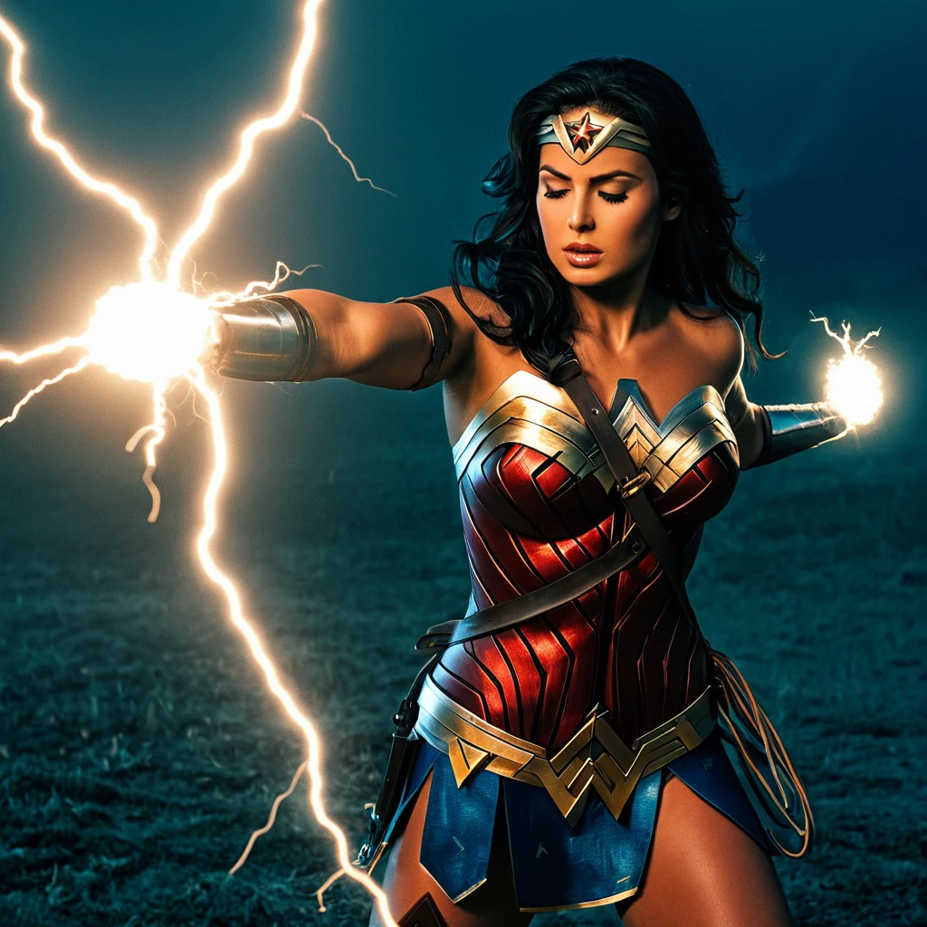UHD, 4k, ultra detailed, cinematic, a photograph of <lora:Wonder Woman illu v1.1:0.9>
Realistic Wonder Woman a woman with a lightning bolt costume on, perfect image, perfect body, perfect anatomy, Kodak film, high quality photography, wonder woman style, solo, brown hair, gloves, closed eyes, upper body, lips, glowing, outstretched arms, electricity, black hair, nude, spread arms, magic, epic, beautiful lighting, inpsiring
