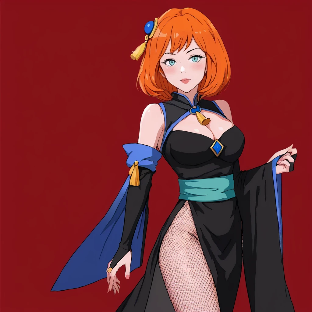 <lora:Sheila_pony_v1:.8>Sheila, 1girl, orange hair, short hair, blue eyes, cowboy shot, <lora:0831 Shenhe cheongsam fans clothing_v1_pony:1> ruanyi0831,black dress,bridal gauntlets,detached sleeves,fishnet pantyhose,hair ornament,clothing cutout,cleavage,tassel,wide sleeves