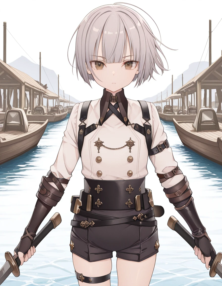 masterpiece, best quality, amazing quality,, <lora:towatsugai-suzume-illustriousxl-lora-nochekaiser:1>, suzume, short hair, bangs, brown eyes, grey hair, androgynous,, shirt, gloves, long sleeves, white shirt, shorts, black gloves, collared shirt, belt, fingerless gloves, thigh strap, black shorts, single glove, <lora:dynamic-pose-illustriousxl-lora-nochekaiser:1>, dynamic pose, holding weapon, weapon, holding, dual wielding, cowboy shot, jetty, water, boats, dock, narrow, cowboy shot, solo, looking at viewer
