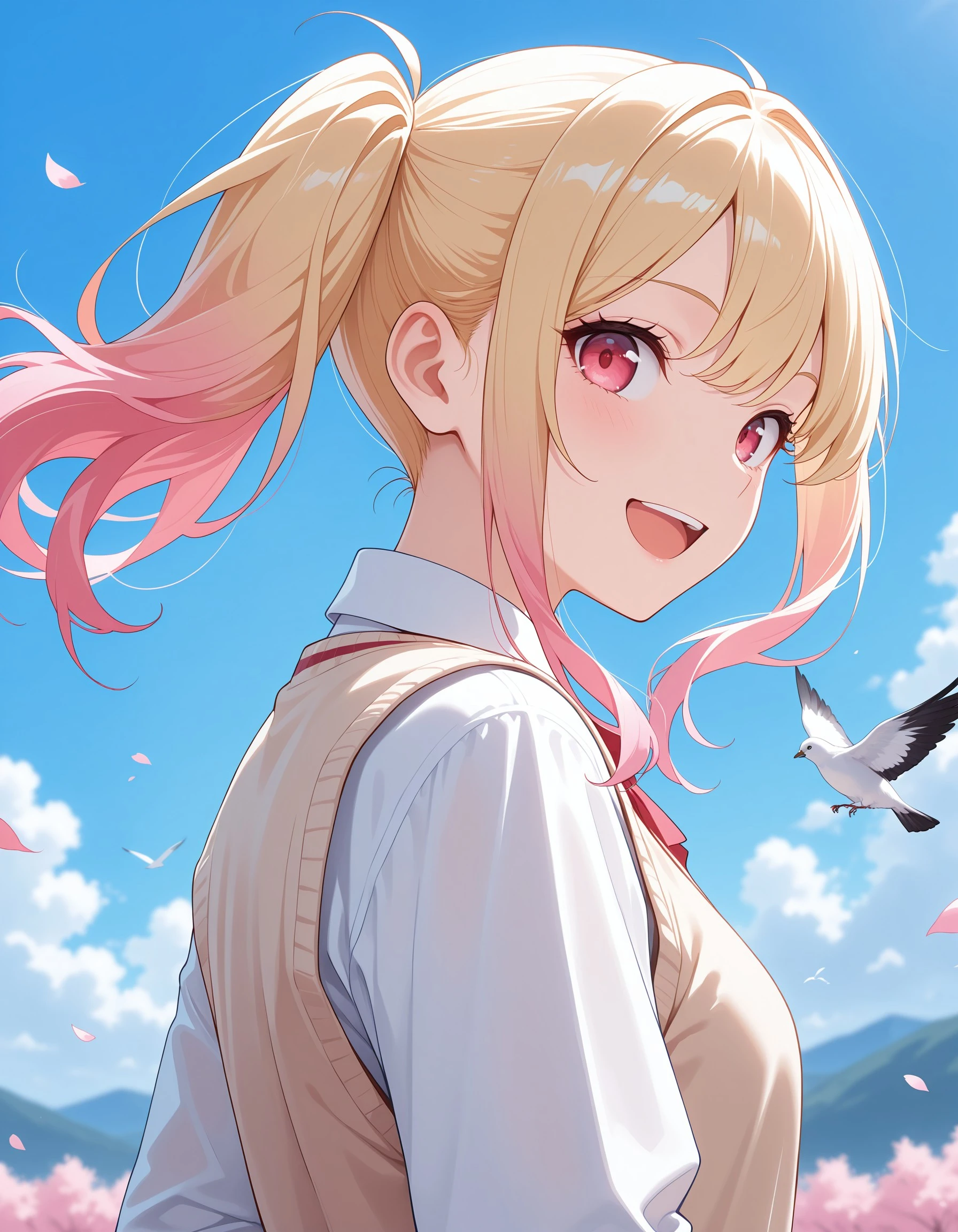 (masterpiece:1.4), (best quality:1.4), (ultra-detailed:1.3), (very aesthetic:1.3), (absurdres:1.4), (perfect anatomy:1.3), looking at viewer, twintails, multicolored hair, gradient hair, red eyes, pink eyes, pink hair, blonde hair, long hair, tenmasaki, short twintails, smile, open mouth, shirt, long sleeves, white shirt, upper body, :d, sidelocks, outdoors, sky, teeth, day, blurry, from side, sweater, blue sky, petals, profile, floating hair, bird, upper teeth only, sweater vest, paper,, <lora:fd56708f-1d33-410a-b465-8778107d35f9:0.7>