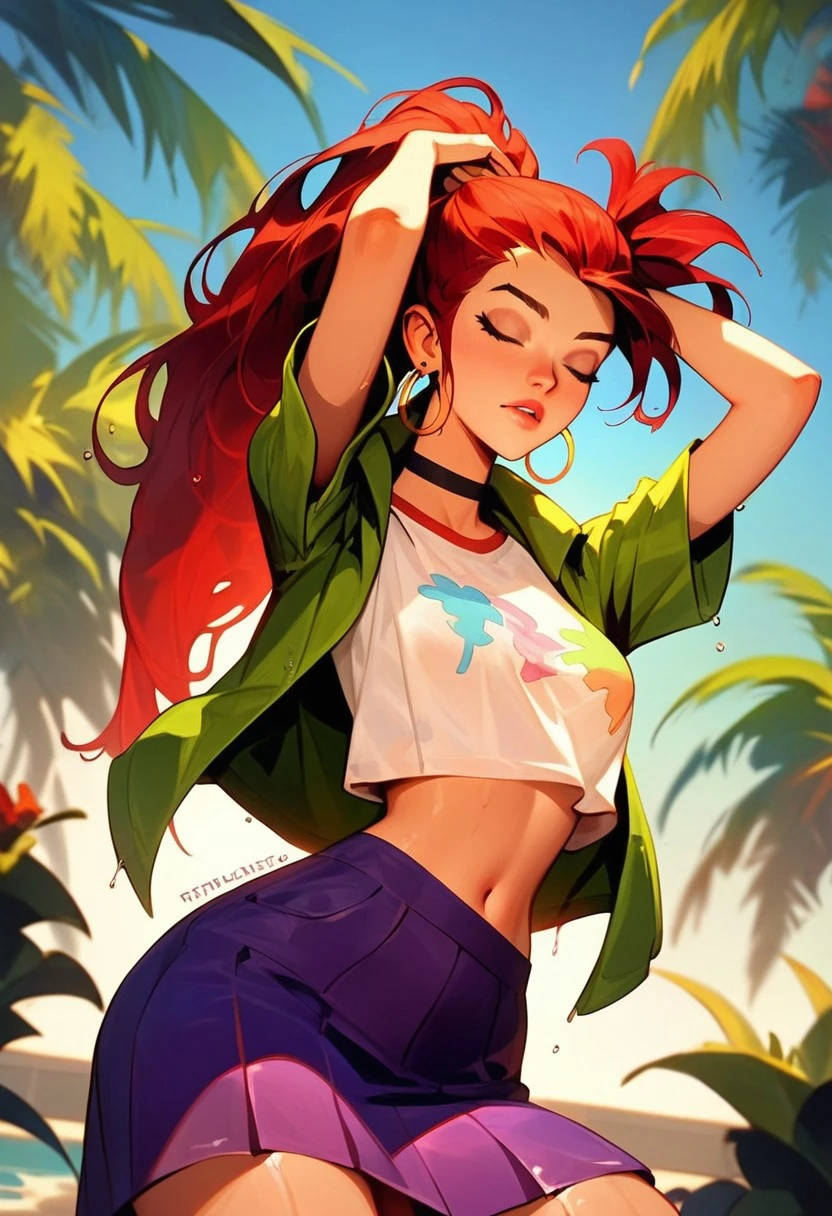score_9, score_8_up, score_7_up, Expressiveh, one sexy girl, 1girl, Frankiefoster (/FHfIF)/,(ultra HD quality details), ponytail, hair ornament, earrings, black choker, shirt, green jacket, midriff, purple skirt, small breasts, narrow waist, wide hips, skinny,
long wet hair, female focus, lustrous skin, parted lips, slender, large breasts, oversized shirt, shirt overhang, mini denim short, HD32k, arched back, sexy pose, perfect body, wide hips, narrow waist, barefoot, hands on own head, supermodel pose, chest thrust out, outdoors, on the beach, sun high in the sky, well lit, standing, eyes closed, 3/4 angle view, three quarter view, view from below, (head titled up:1.4), (outdoor shower), arched back, contrapposto pose, (3/4 view:1.5),
