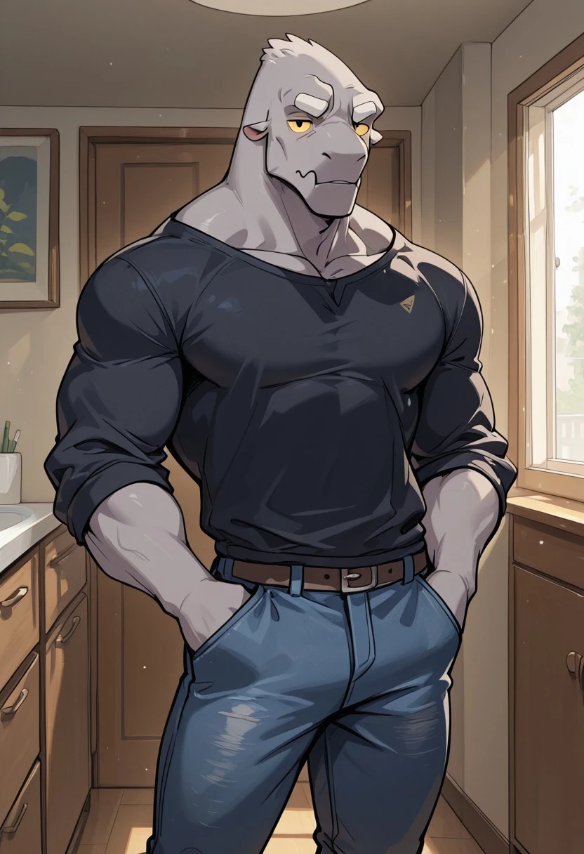 masterpiece, best quality, amazing quality, very aesthetic, absurdres, newest, high quality, detailed, male, solo male, Leeds, 1boy, mature male, male, athletic build, anthro, monster, grey skin, white eyebrows, animal ears, black eyes, yellow sclera, broad shoulders, black shirt, jeans, indoors, apartment, looking at viewer, standing, half body, volumetric lighting, hands in pockets