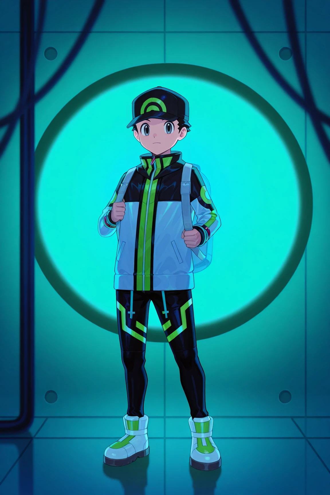 high resolution, ultra-detailed, absurdres, newest, scenery, depth of field, detailed background, very awa, shiny skin, volumetric lighting, intricately detailed illustration,
lucas_cyber, black hair, grey eyes, black with green cap, multicolored jacket, black pants, neon trim, white with green shoes, 1boy, male focus, backpack, solo, bag, standing, closed mouth, holding strap, looking at viewer, instrument case