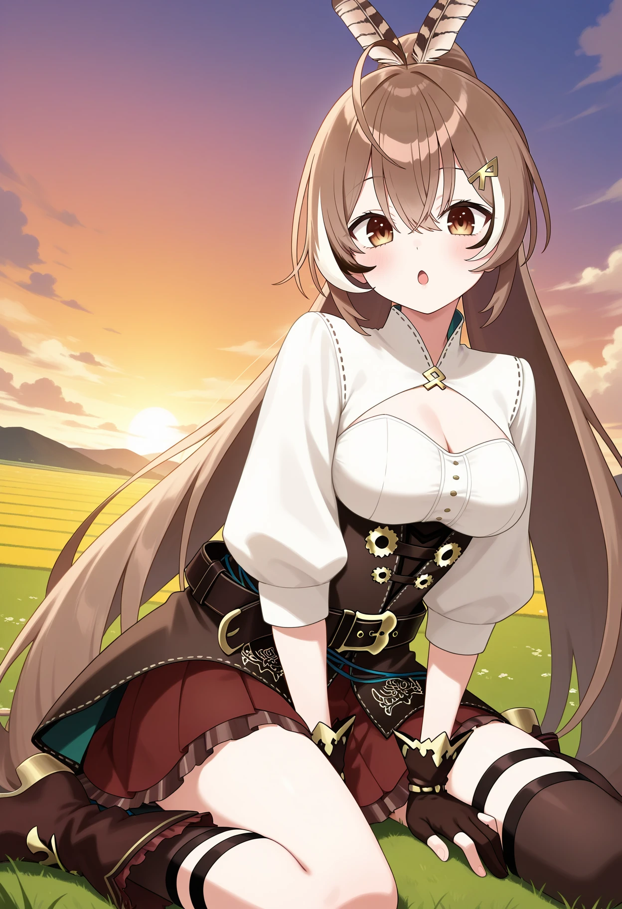 best quality, masterpiece, 1girl, aamumei, long hair, streaked hair, brown hair, ponytail, feather hair ornament, ahoge, hairclip, brown eyes, white shirt, partially fingerless gloves, brown corset, belt, red skirt, thigh strap, single thighhigh, <lora:nanashi_mumei_ilxl_v1:0.9>, wariza, field, sunset, :o, brown footwear, boots,