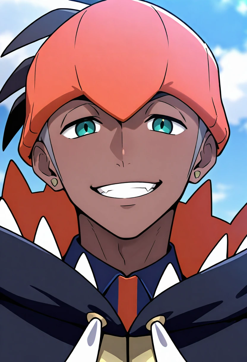 masterpiece, general,absurdres,newest,perfect quality, best quality, absolutely eye-catching, ambient occlusion, raytracing, RaihanPKMN, RaihanSWSH, 1boy, orange_headwear, spiked_hair, black_hair, short_hair, dark-skinned_male, aqua_eyes, stud_earrings, navy_hoodie, portrait, navy_collared_shirt_orange_stripe, grin, teeth, anime screenshot, <lora:Raihan:1>, looking at viewer,
