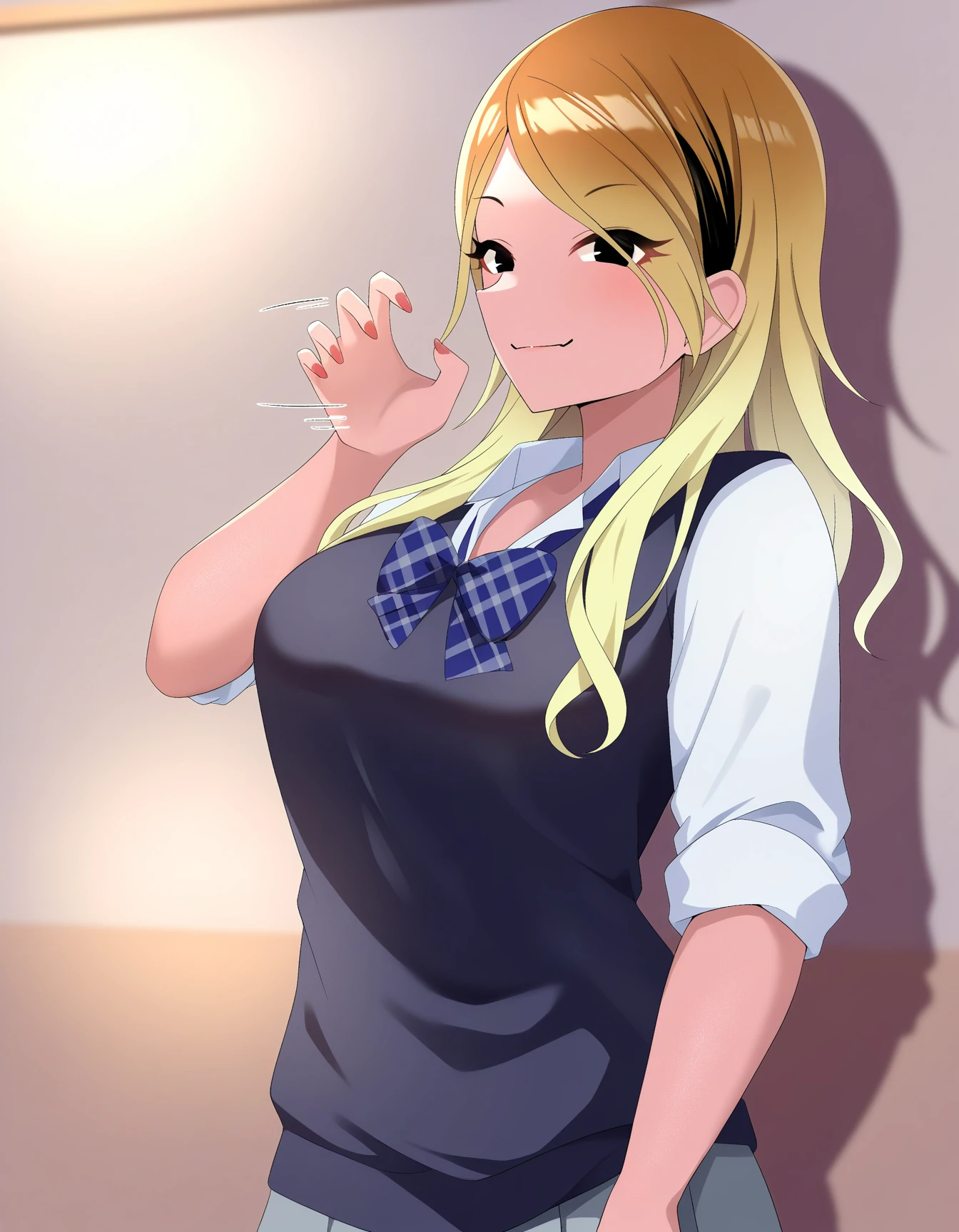 1girl, solo, closed mouth,    handj0b gesture,  single hand up, looking at viewer,     <lora:handjob gesture_IL_v1-000040:0.7> from side, profile, motion lines only <lora:izumi mei:0.8> izumi mei, dark skin,long hair, black eyes,gyaru, school uniform, black sweater vest, white shirt, collared shirt, blue bow, plaid bow, sleeves rolled up, grey skirt, pleated skirt, miniskirt, light smile,  face,, masterpiece, best quality, amazing quality, very aesthetic, absurdres,  newest,