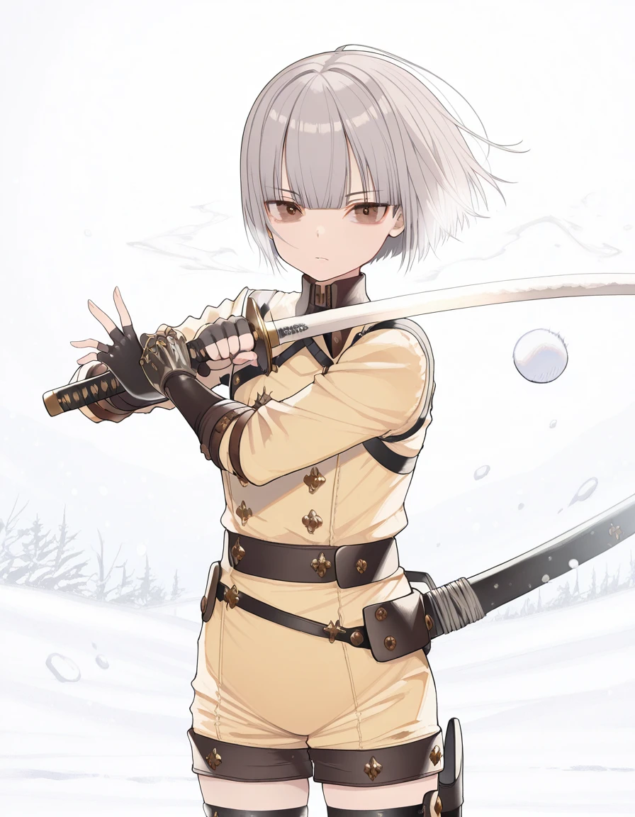 masterpiece, best quality, amazing quality,, <lora:towatsugai-suzume-illustriousxl-lora-nochekaiser:1>, suzume, short hair, bangs, brown eyes, grey hair, androgynous,, shirt, gloves, long sleeves, white shirt, shorts, black gloves, collared shirt, belt, fingerless gloves, thigh strap, black shorts, single glove, <lora:sword-guard-stance-illustriousxl-lora-nochekaiser:1>, sword guard stance, sword, weapon, solo, katana, holding, holding weapon, holding sword, looking at viewer, jumpsuit, yellow jumpsuit, high collar, cowboy shot, pants,, snow day, winter clothes, snowball fight, laughter, cold breath, white landscape, cowboy shot, solo, looking at viewer