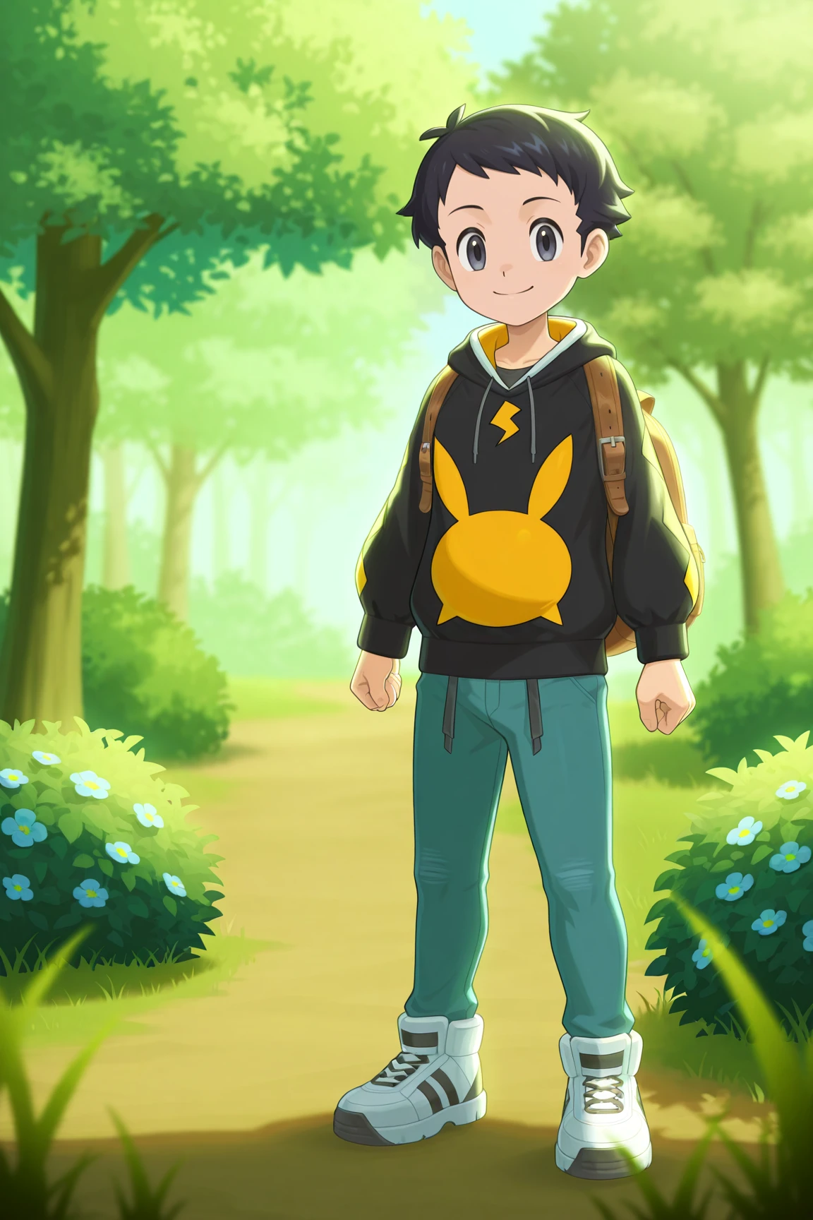 high resolution, ultra-detailed, absurdres, newest, scenery, depth of field, detailed background, very awa, shiny skin, volumetric lighting, intricately detailed illustration,
lucas_hoodie, black hair, grey eyes, black hoodie, print hoodie, light blue pants, white sneakers, 1boy, male focus, solo, outdoors, grass, tree, flower, day, standing, bush, backpack, nature, smile, looking at viewer