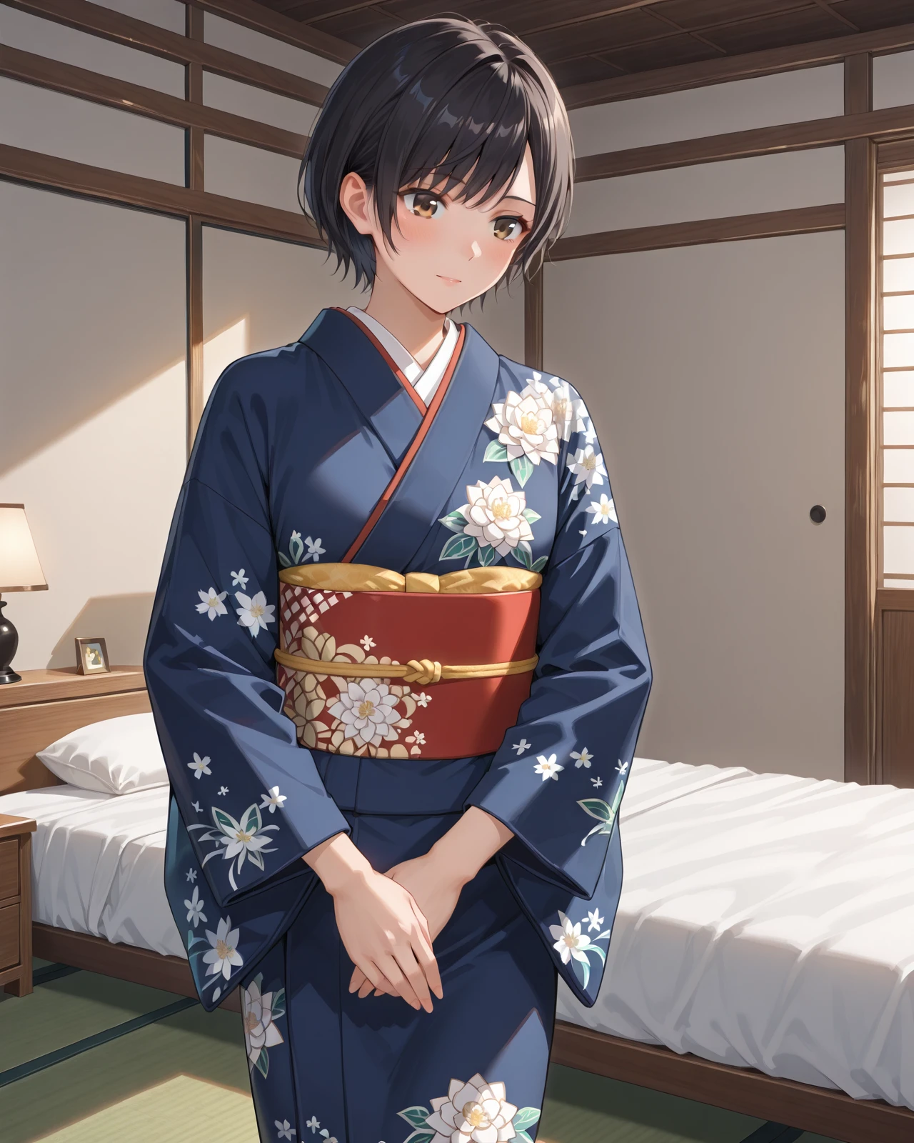 nagisa \(doax vv\),short hair,black hair,brown eyes,cowboy shot,kimono,bedroom,