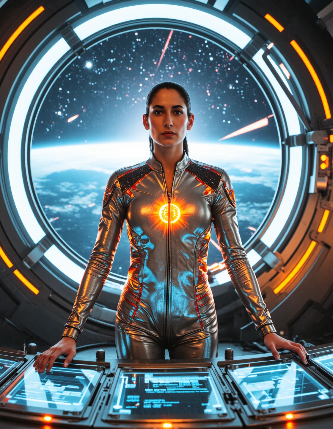 On the command deck of a massive interstellar cruiser, a female officer stands at the helm, facing the viewer, with a determined and serious expression. She wears a futuristic jumpsuit with iridescent paneling, her chest bearing an insignia of a solar flare. Her dark hair is tied back, her skin illuminated by holographic interface lights. She stares forward into the void beyond the reinforced viewplate — stars stretched across hyperspace. Her hands hover over sleek glass controls pulsing with data. ,
(activation: sci-fi, photorealistic, female officer, starship bridge, cinematic, masterpiece)