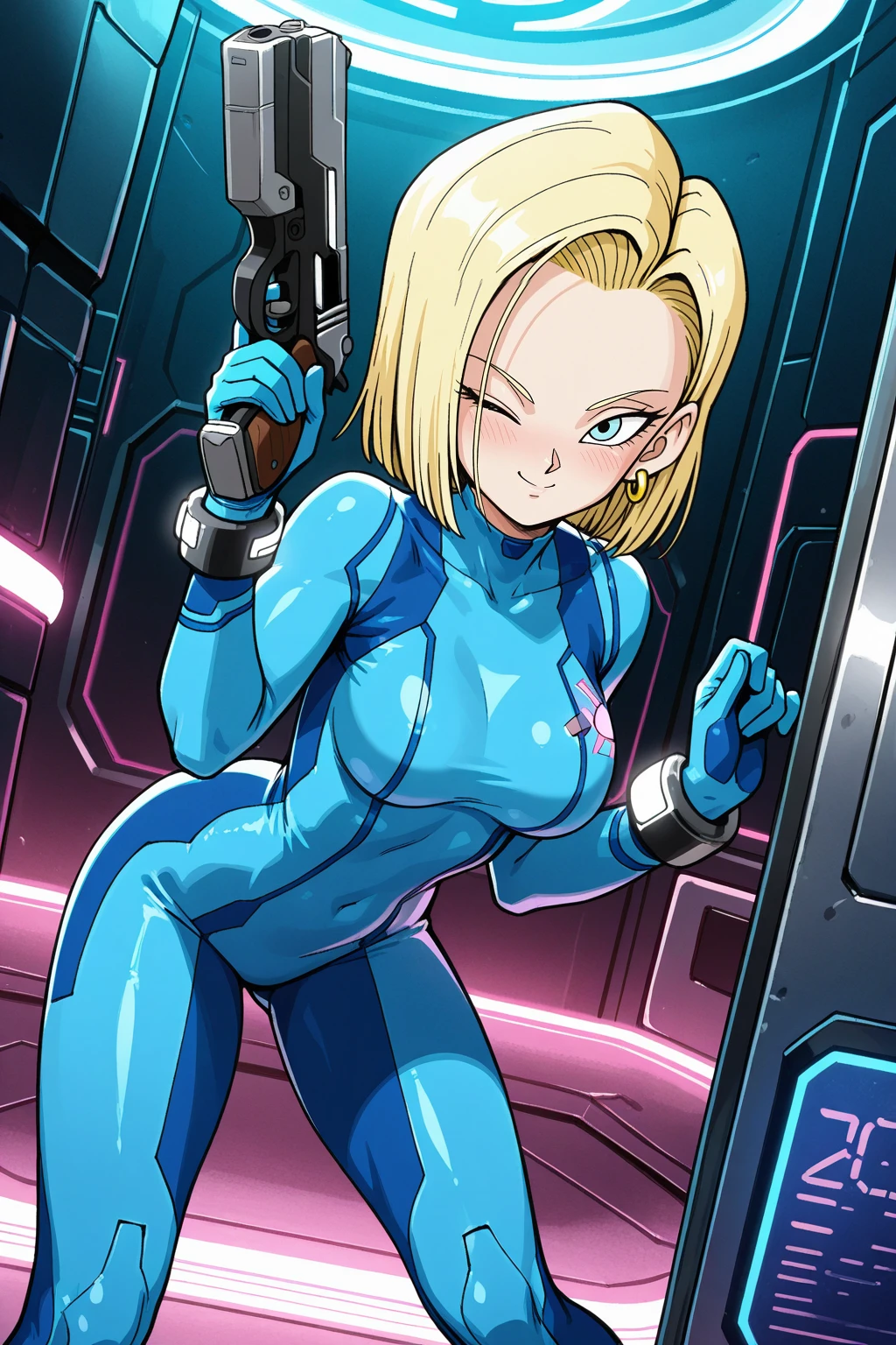 1girl, samus aran, highly detailed eyes, intricate details, ((realistic)), round pupils, solo, blue eyes, blonde hair, ponytail, short hair, (zero suit), ((cartoon)), looking at viewer, smug, soft lighting, muscular female, bedroom,