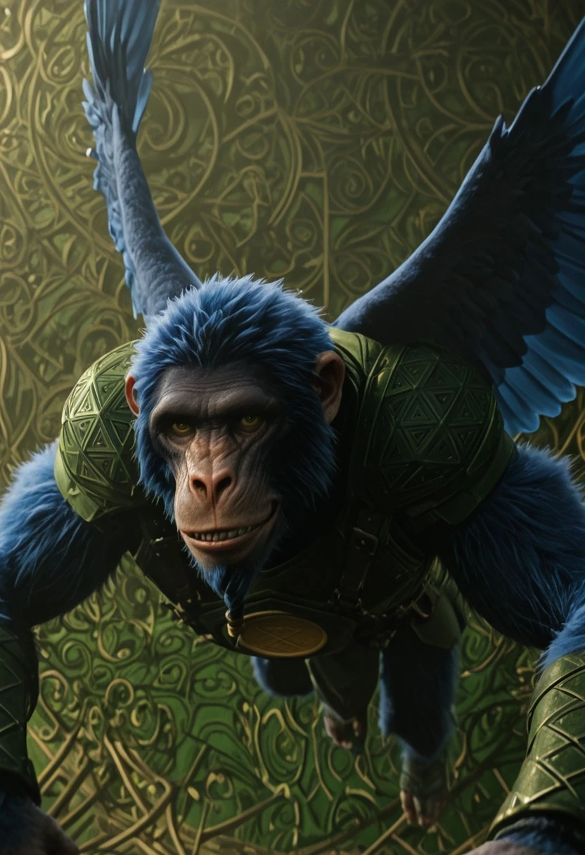 chistery_wicked, 1boy, male ape, furry, blue fur, scarred face, ape ears, blue hair, green and orange eyes (heterochromia), short braided beard, blue wings, long blue tail, green armor (golden plate on chest), green bracers,
score_9_up, score_8_up, score_7_up, BREAK, solo, head tilt,, smiling, mouth open, flying, looking at viewer, ultra detailed, detailed background, masterpiece, best quality, 8k, Expressiveh, realistic, 3d, green palace,