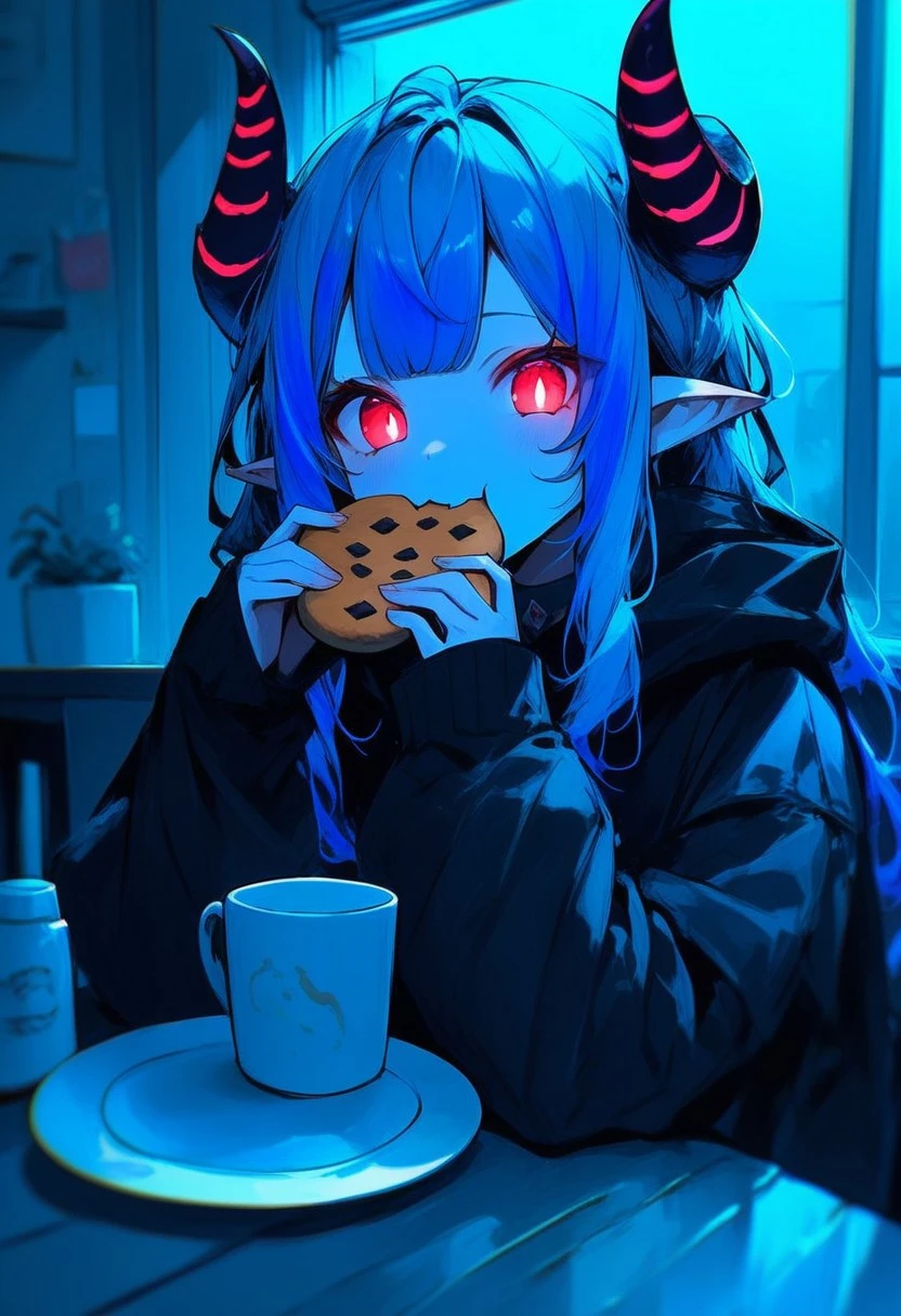 source_anim, score_9, score_8_up, score_7_up, score_6_up, a cute girl in a black cloak sitting on a table eating cookies, 1girl, virtual youtuber, horns, shishio chris, solo, long hair, looking at viewer, eating, food, bangs, glowing eyes, pointy ears, demon girl, multicolored hair, red eyes, demon horns, indoors, cup, holding, blue theme, glowing, two-tone hair, plate, long sleeves, sleeves past wrists, darkness,