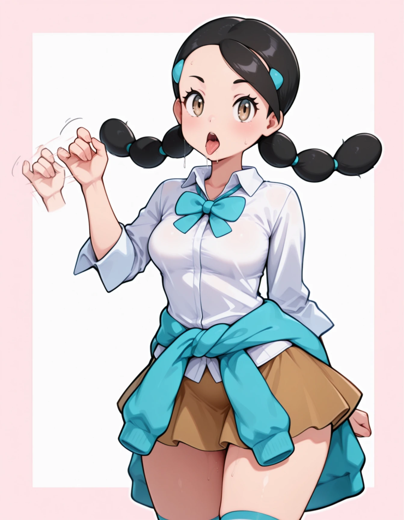 1girl, solo, tongue out, aroused, saliva, open mouth,   handj0b gesture,  single hand up, looking at viewer,  (hand afterimage:0.8),    <lora:handjob gesture_IL_v1-000040:0.7>  <lora:Candice_-_Pokemon_Illustrious:1> candice, black hair, twintails, hairclip, brown eyes, clothes around waist, brown skirt, striped socks, shoes, sweater, hair ornament, sweater around waist, white shirt,, masterpiece, best quality, amazing quality, very aesthetic, absurdres,  newest,