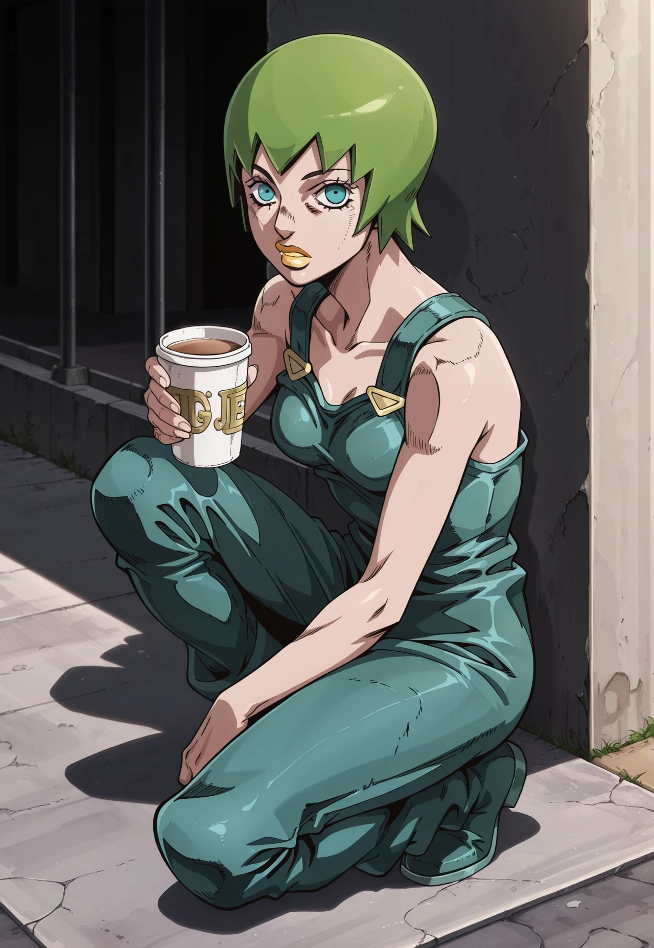 (masterpiece, amazing quality, best quality, anime coloring, detailed),very aesthetic, illustration, perfect composition, intricate details, absurdres, incredibly absurdres, (((1girl, solo, FooFighters, Green Hair, Short Hair, Cyan Eyes, Yellow Lipstick, Teal Overalls, Gold Buttons, perfect face, detailed eyes))),Prison Wall, Courtyard, Full Body, Sitting On Concrete, Holding Empty Cup, One Knee Raised, High Angle, From Side, Looking At Viewer, Original Style