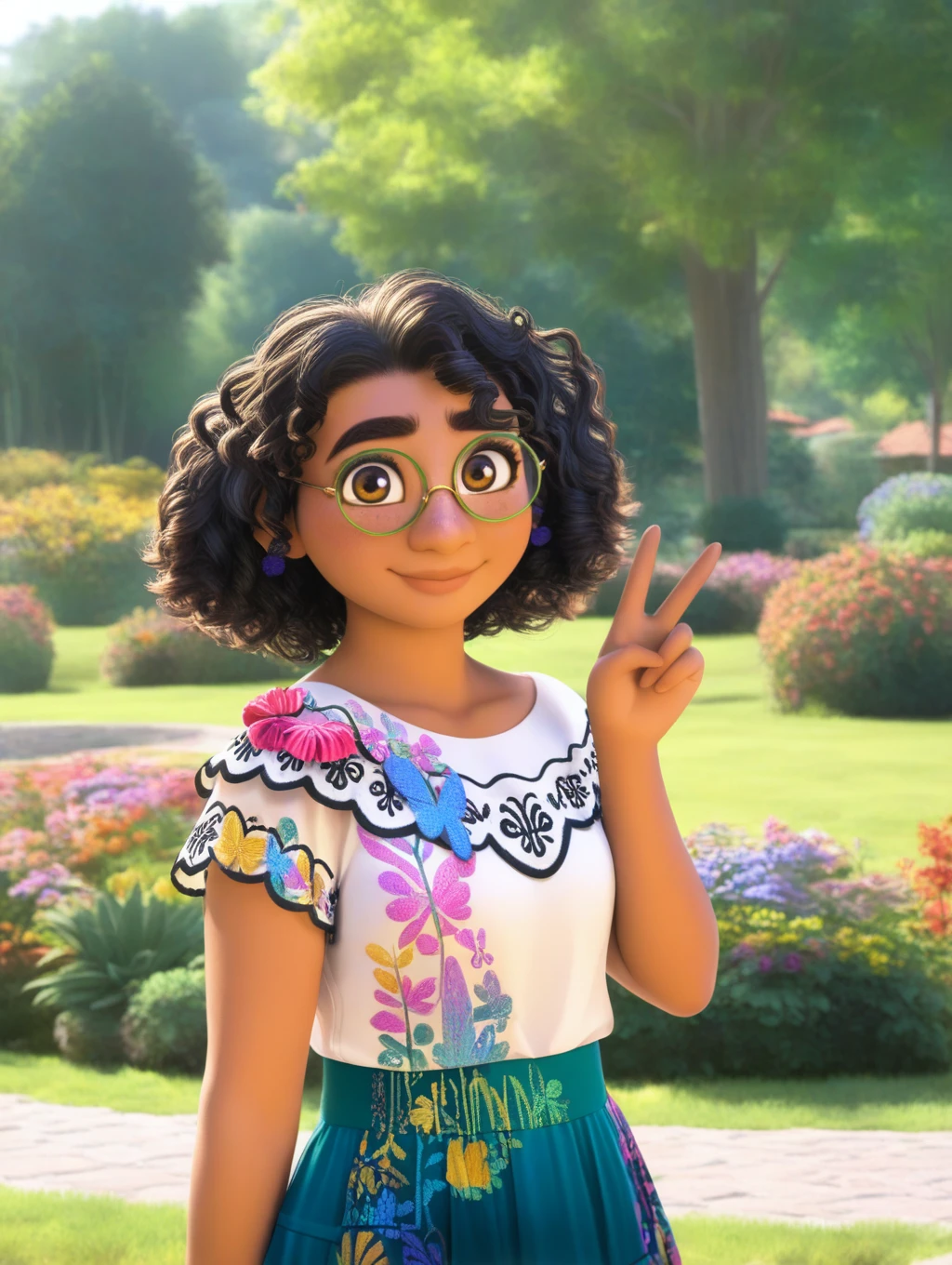 masterpiece, best quality, amazing quality, very aesthetic, absurdres, newest, Mirabel_Madrigal, short hair, curly hair, black hair, brown eyes, green glasses, brown skin, lips, 1girl, looking at viewer, floral print, blue skirt, white shirt, short sleeves, frills, butterfly print, standing, garden, tree, smile, closed mouth, peace sign, portrait, original style