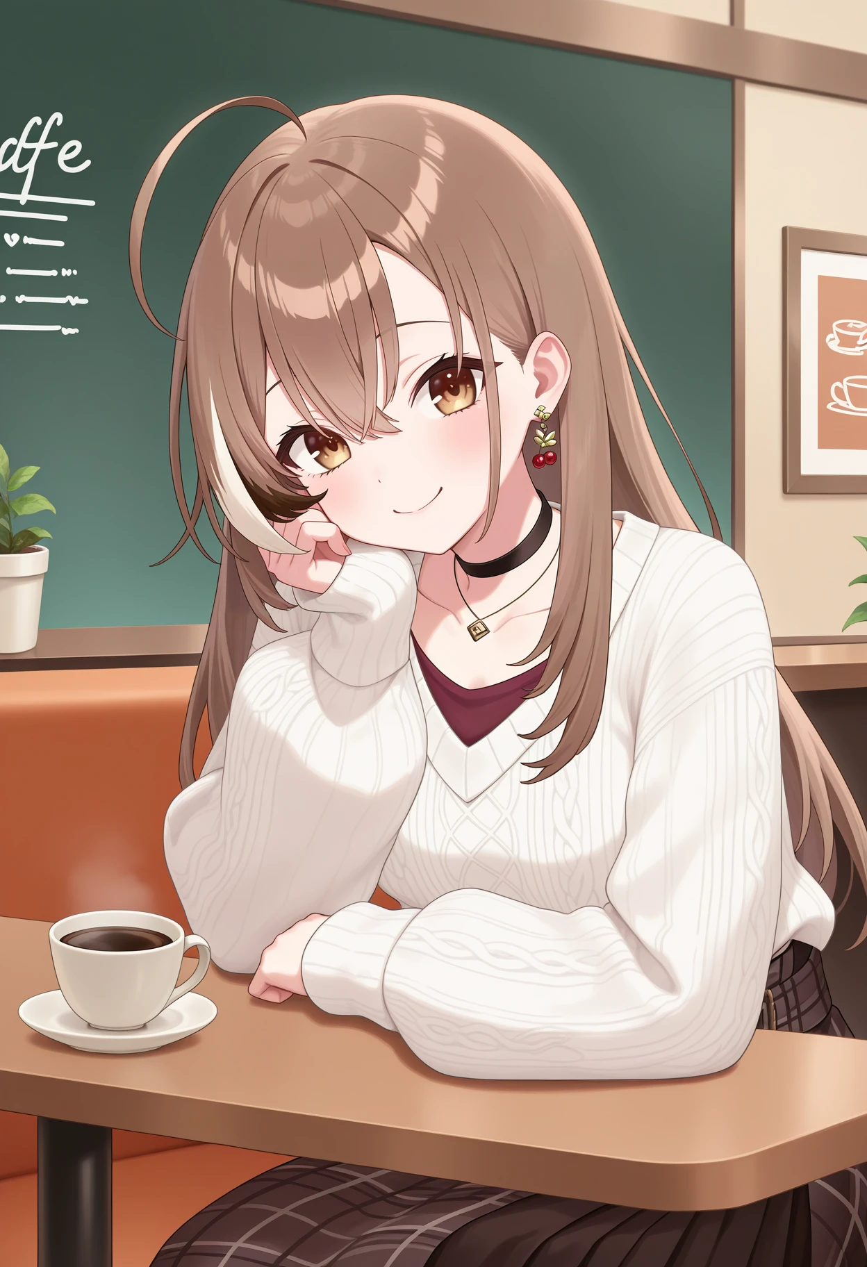 best quality, masterpiece, 1girl, ccmumei, long hair, streaked hair, brown hair, ahoge, earrings, brown eyes, black choker, necklace, white sweater, long sleeves, long skirt, plaid skirt, brown skirt, <lora:nanashi_mumei_ilxl_v1:0.9>, sitting, indoors, cafe, coffee, smile, arm rest,