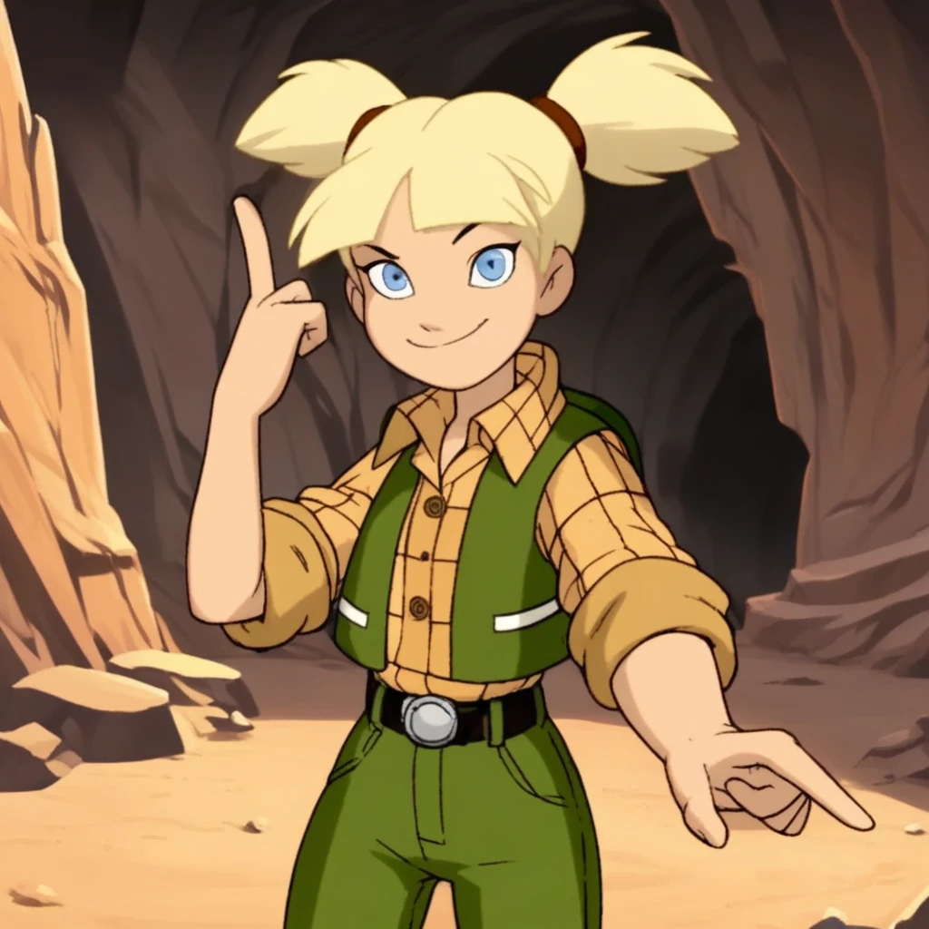 score_8, score_8_up, score_7_up, official art, source_cartoon, 1girl, solo, female focus, pe&tg, blonde hair, short twintails, red ponytail holder, blue eyes,&tg_we, collared shirt, checkered shirt, green vest, open vest, sleeves rolled up, belt, belt buckle, green jeans, cowboy shot, outdoors, canyon, standing, looking at viewer, finger gun, arm at side, pointing at viewer, smile,