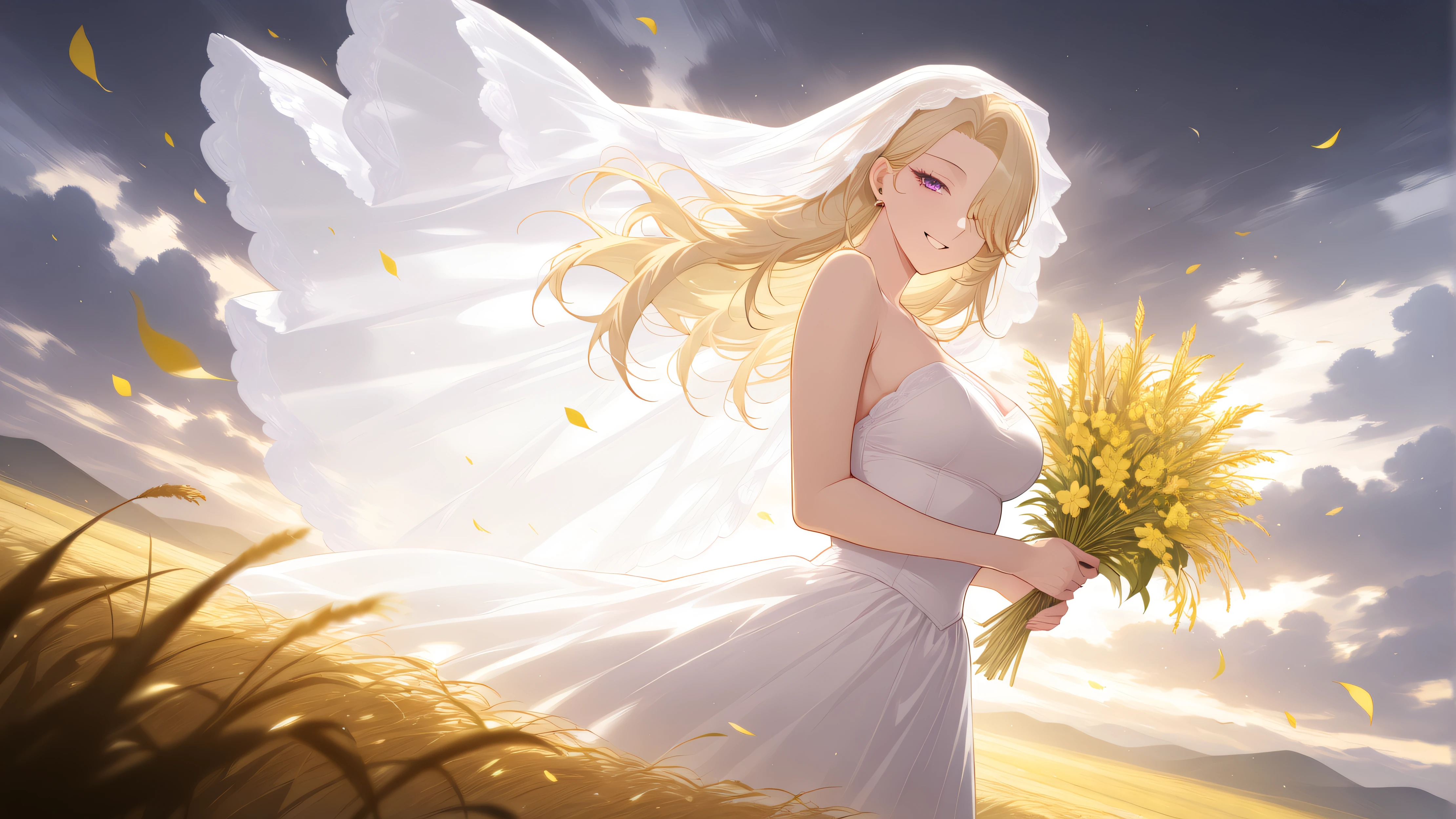 1girl, solo,beautiful detailed eyes,long hair,(blonde hair:1.4), hair over one eye,purple_eyes,looking at viewer,(medium breasts),
wedding dress,White veil,(holding Pale yellow flowers:1.3),standing,cowboy_shot,from_side,in autumn,wheat field,cloudy,Wheat fields,floating hair,floating veil,smile,Floating petals,
masterpiece,best quality,amazing quality,highres,
