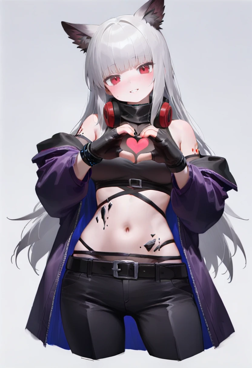 1girl,frostleaf \(arknights\),frostleaf \(breaking the ice\) \(arknights\),arknights,animal ears,black gloves,black nails,black pants,blunt bangs,blush,cowboy shot,crop top,fingerless gloves,fox ears,gloves,grey hair,heart,jacket,long hair,material growth,midriff,nail polish,navel,official alternate costume,oripathy lesion \(arknights\),pants,parted lips,purple jacket,red eyes,simple background,solo,standing,stomach,white background,open clothes,black shirt,belt,arm up,very long hair,open jacket,cropped legs,shirt,animal ear fluff,off shoulder,medium breasts,infection monitor \(arknights\),headphones around neck,smile,head tilt,heart hands,looking at viewer,breasts,bare shoulders,black belt <lora:XI410XL_il1_lokr_V6311P:0.95>