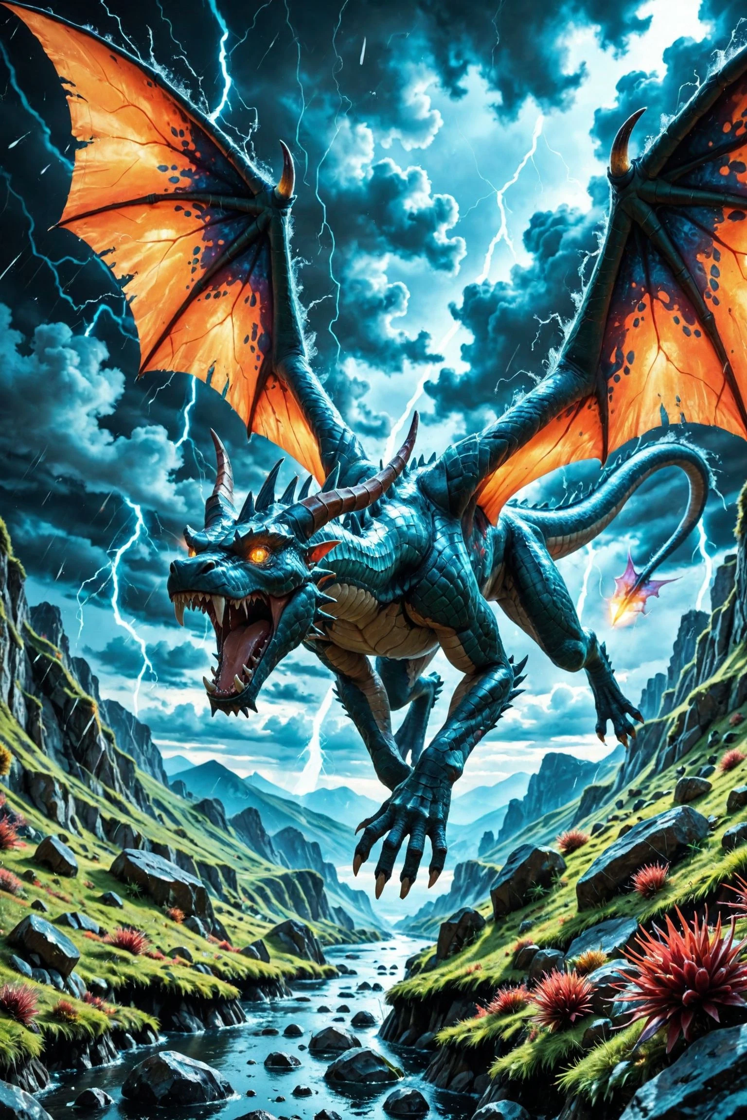 colorful,creature,dragon,dragon wings,dragon tail,western dragon,fantasy,storm,flying,realistic,photo background,blue sky,open mouth,day,glowing eyes,scales,wings,sharp teeth,outdoors,cloudy sky,glowing,claws,teeth,no humans,animal focus,scenery,horns,mountainous horizon,monster,sky,yellow eyes,full body,tail,dragon horns,rainbow gradient,landscape,attack,
(realistic:1.5),(photorealistic:1.5),(real life:1.5),