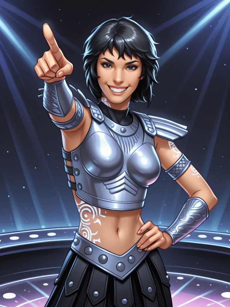 <lora:Lilith__Exalted:0.7>
lilithexalted,,short hair, black hair,black eyes,,armlet,,armor, midriff,,tattoo
smiling, dance victory
dancing disco, disco, solo, one hand pointing to the sky, one hand on hip,