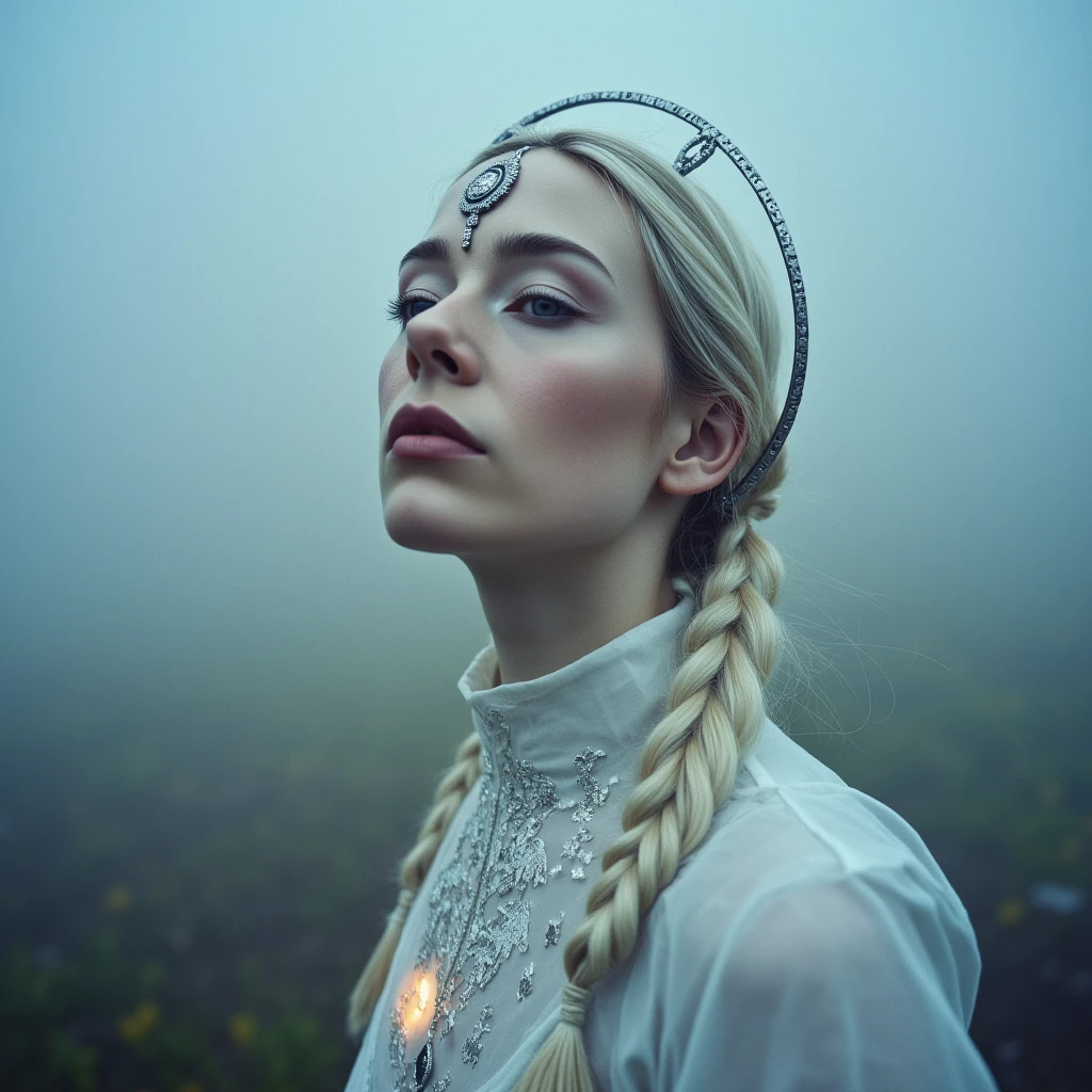 Ultra quality, ultra detailed colors and textures, ultra realistic, ultra lighting, cinematic, ethereal atmosphere, ethereal woman, analog photography, analog half-body shot of a noble spiritual healer standing before a sheer veil of fog, wearing a snow-white high-necked gown adorned with embroidered runes, a fine silver circlet resting gently on her forehead, pale hair glowing faintly in soft ambient light, her eyes open and steady, lips slightly parted in silent mantra, shot on Leica M6 with Ilford Delta 3200, grainy monochrome elegance, dreamlike poise and sacred mystery,mgdssv2