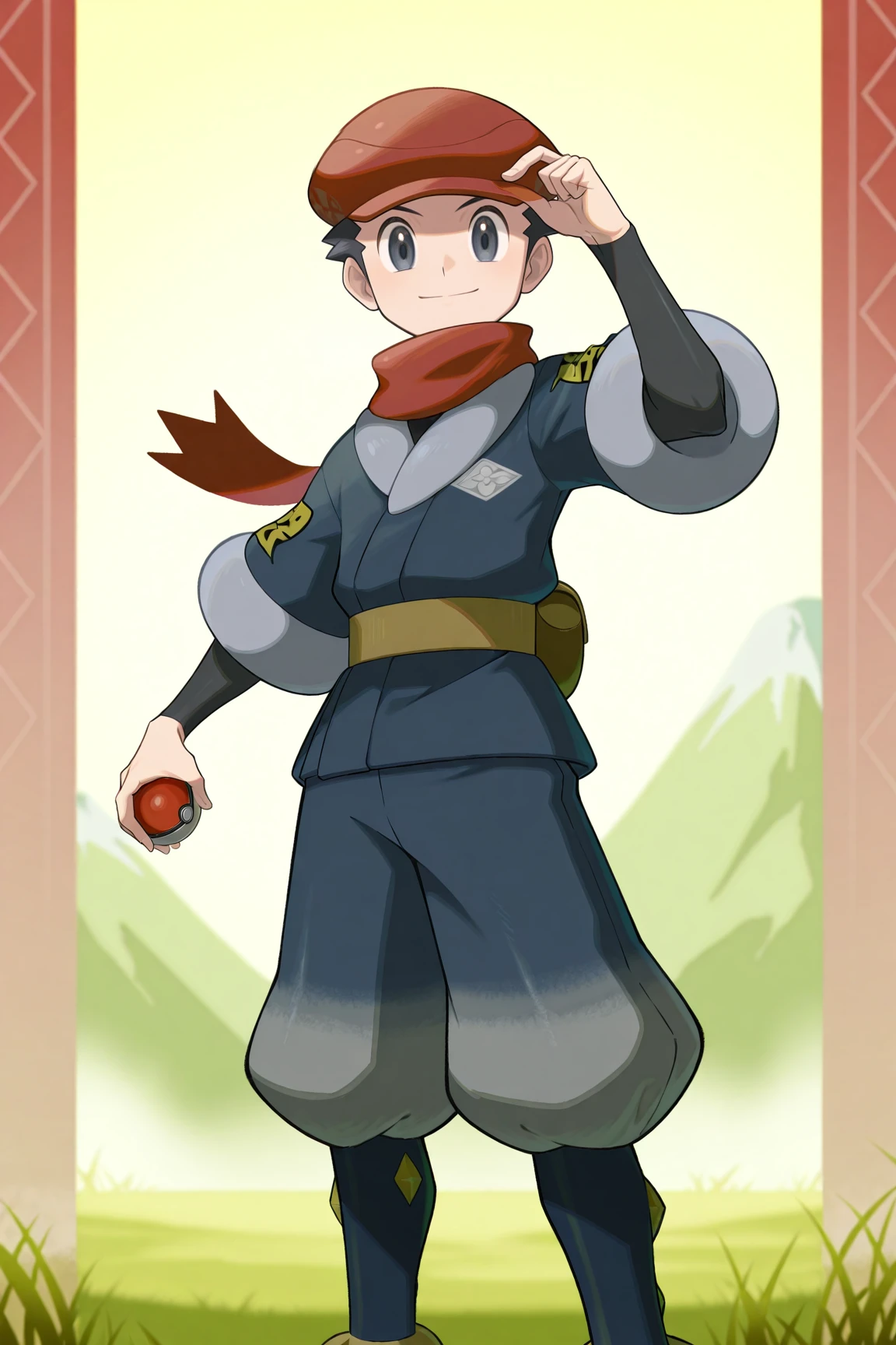 high resolution, ultra-detailed, absurdres, newest, scenery, depth of field, detailed background, very awa, shiny skin, volumetric lighting, intricately detailed illustration,
rei_pokemon, black hair, grey eyes, red headwear, japanese clothes, blue kimono, black undershirt, red scarf, brown belt, blue pants, black loose socks, male focus, 1boy, holding, closed mouth, holding poke ball, floating scarf, smile, poke ball, hand on headwear, hand up,  looking at viewer,  standing, solo