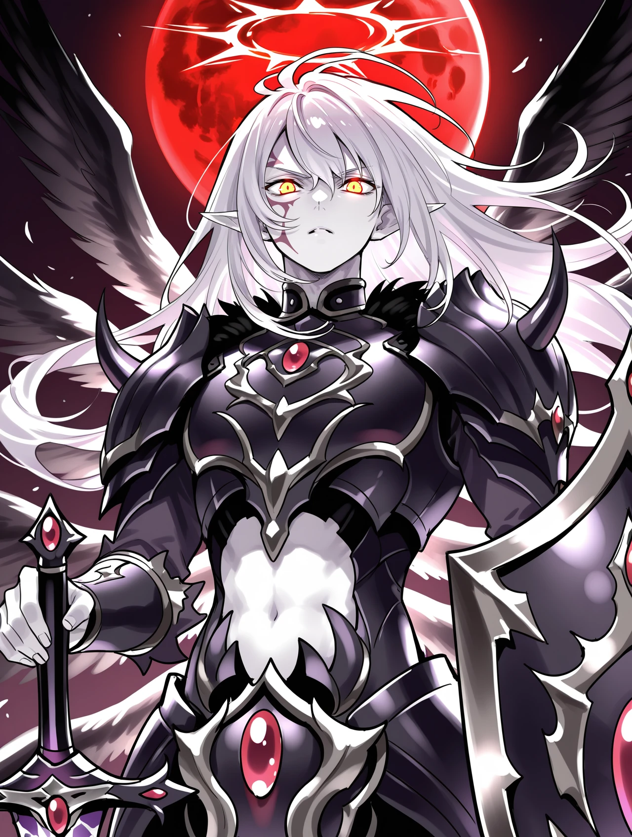 1boy,male focus,the first darklord,solo,looking at viewer,black shield,holding black shield,closed mouth,red halo,white skin,facial tattoo,navel,upper body,midriff,sketch,angel,black angel wings,black armor,black breastplate,black pauldrons,black vambraces,multiple wings,dark theme,purple sword,hands on hilt,floating hair,parted lips,red moon,glowing eyes,serious,from below, 
masterpiece,best quality,amazing quality,very aesthetic,absurdres,newest,<lora:The first DarkLord illusXL v1:0.77>, <lora:wai-2Rectified-V140:0.7>,