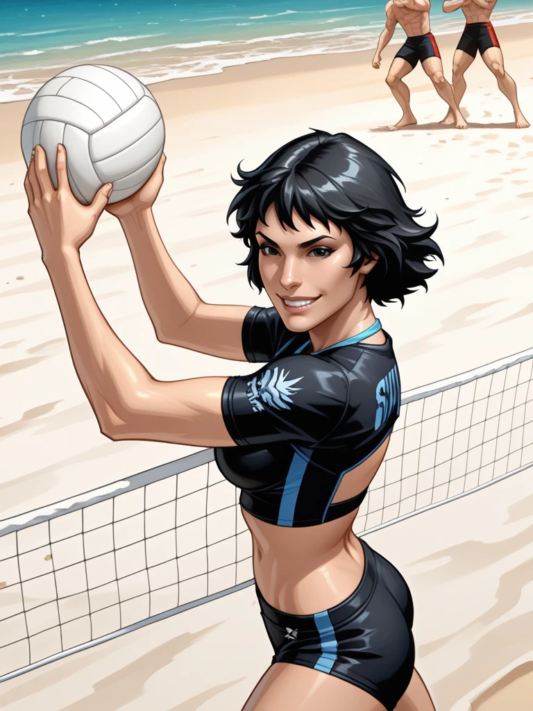 <lora:Lilith__Exalted:0.7>
lilithexalted,,short hair, black hair,black eyes,,
playing beach volleyball, on a beach, spiking the ball, smiling, sports, action shot