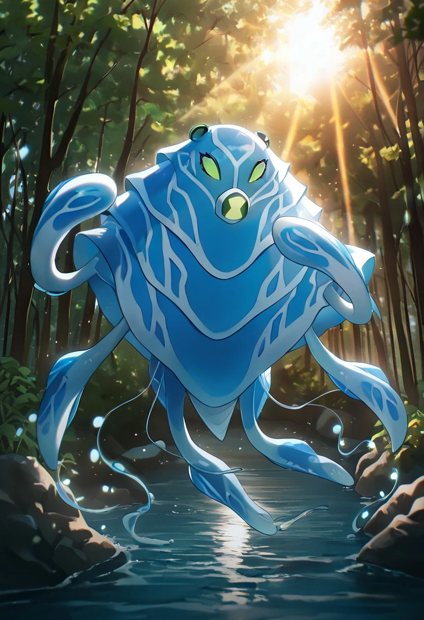masterpiece, best quality, amazing quality, very aesthetic, absurdres, newest,, detailed background,
ampfibian, full body, pokemon (creature), no humans, colored sclera, green eyes, blue skin, tentacles, extra eyes, colored skin, squid, jellyfish, no mouth,
upper body,, solar bear, sun beam, run ray, trees, dynamic pose,