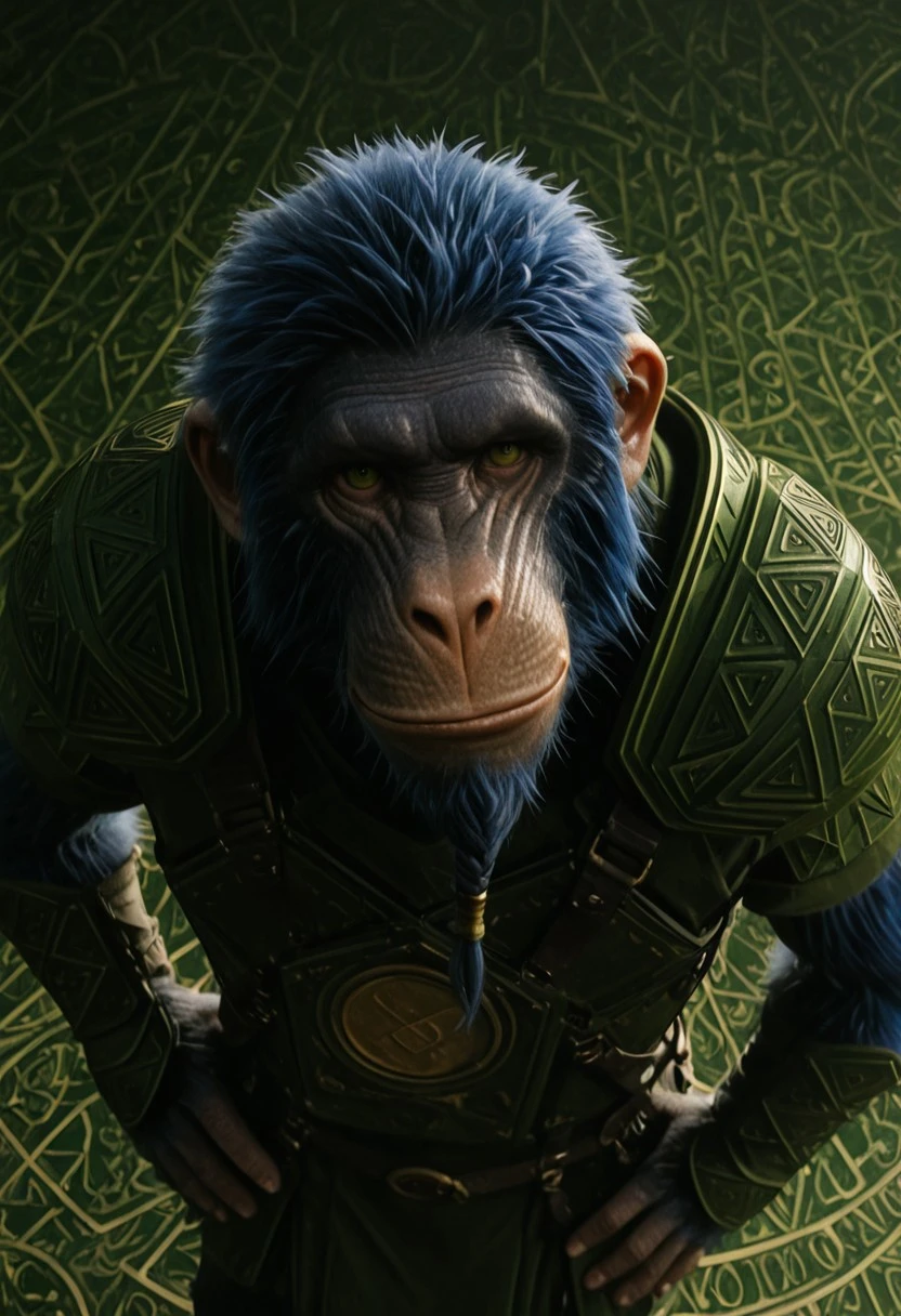 chistery_wicked, 1boy, male ape, furry, blue fur, scarred face, ape ears, blue hair, green and orange eyes (heterochromia), short braided beard, blue wings, long blue tail, green armor (golden plate on chest), green bracers,
score_9_up, score_8_up, score_7_up, BREAK, solo, looking at viewer, cute, smirk, from above, hands on hips, head tilt, ultra detailed, detailed background, masterpiece, best quality, 8k, Expressiveh, realistic, 3d, green palace,