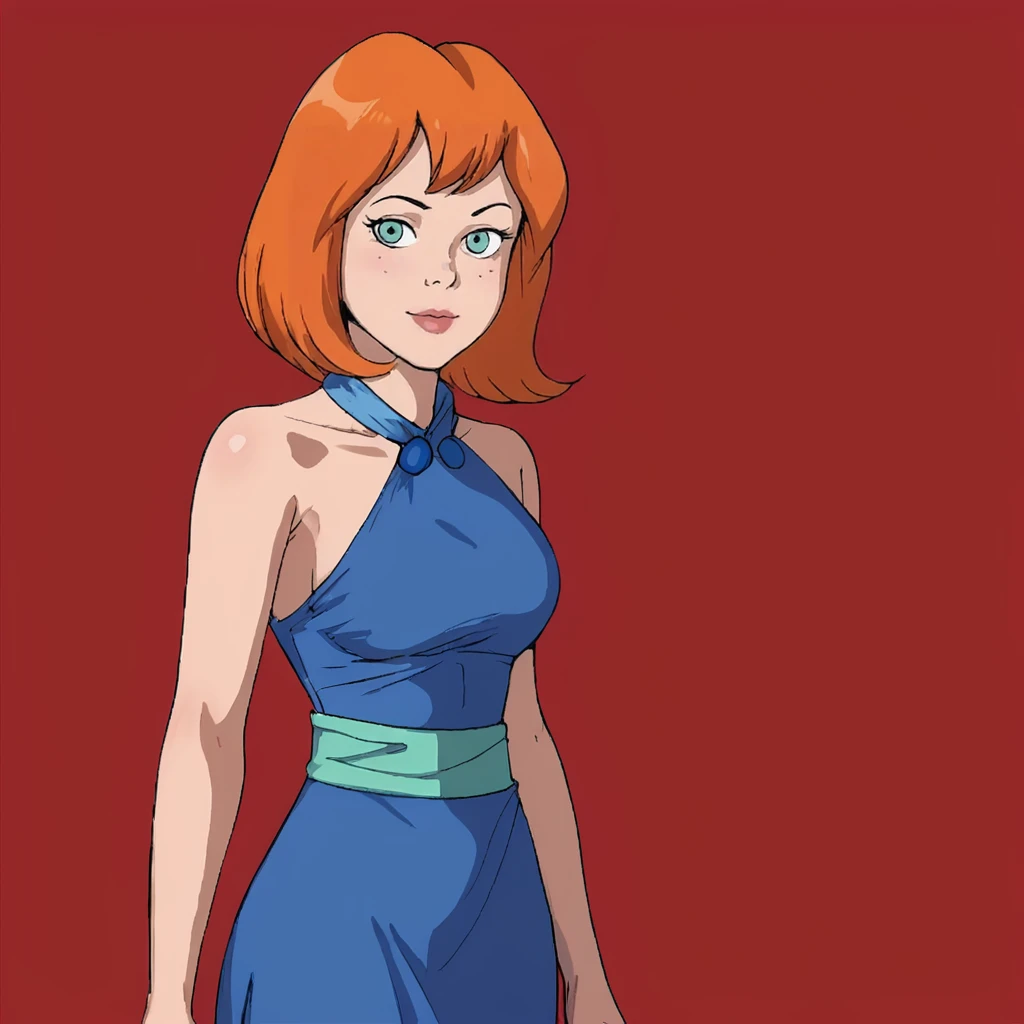 <lora:Sheila_pony_v1:.8>Sheila, 1girl, orange hair, short hair, blue eyes, cowboy shot, <lora:0932 Home wear 9_v1_pony:1> ruanyi0932,blue dress,halter dress,sleeveless,cowboy shot,taut dress,skin tight,long dress