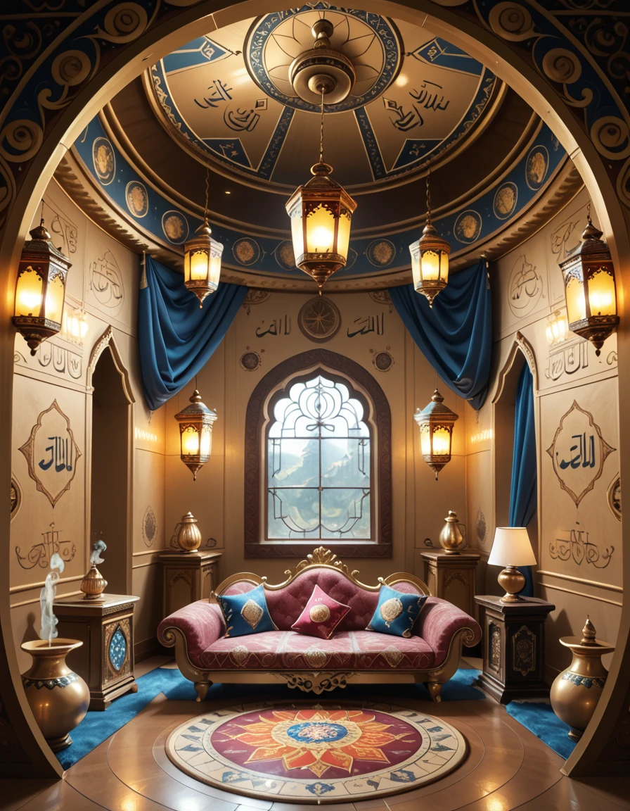 The interior of a genieâs lamp, imagined as a luxurious, mystical chamber with ornate Arabian decor. The space is curved and enclosed, with golden walls engraved with swirling patterns and ancient calligraphy. Rich fabrics in deep reds and purples drape from the ceiling and line the walls. A low, jewel-encrusted divan with embroidered cushions sits at the center on a circular mosaic floor. Hanging lanterns cast a warm, magical glow, reflecting off the golden surfaces. Incense burners rest in the corners, and the air seems to shimmer with enchantment. No characters are present.genie lamp 1nt3r10r, <lora:genie_lamp_1nt3r10r-p:1>,score_9, score_8_up, score_7_up,amazing quality, ultra realistic, 3D, HD, best quality, amazing quality, very aesthetic, absurdres,