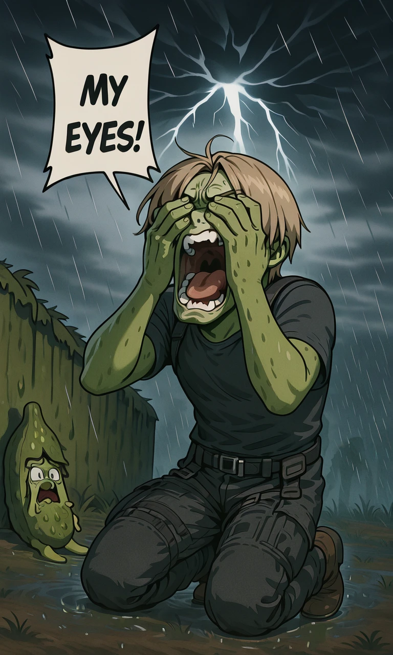 embedding:IllusP0s, MY EYES!, speech bubble, covering own eyes, pickle rickalized, green skin, screaming, kneeling, leon kennedy, 1boy, solo, contrast lighting, outdoors, arms by side, thunderstorm, raining,<lora:Pickle Rickalized_illustrious.safetensors:1:1> <lora:MY EYES_illustrious.safetensors:1.05:1.05>