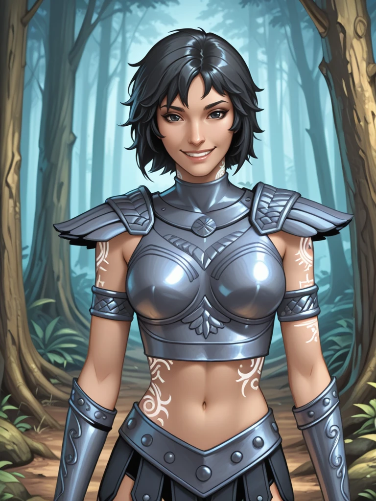 <lora:Lilith__Exalted:0.7>
lilithexalted,,short hair, black hair,black eyes,,armlet,,armor, midriff,,tattoo
standing in a forest, looking at viewer, smiling