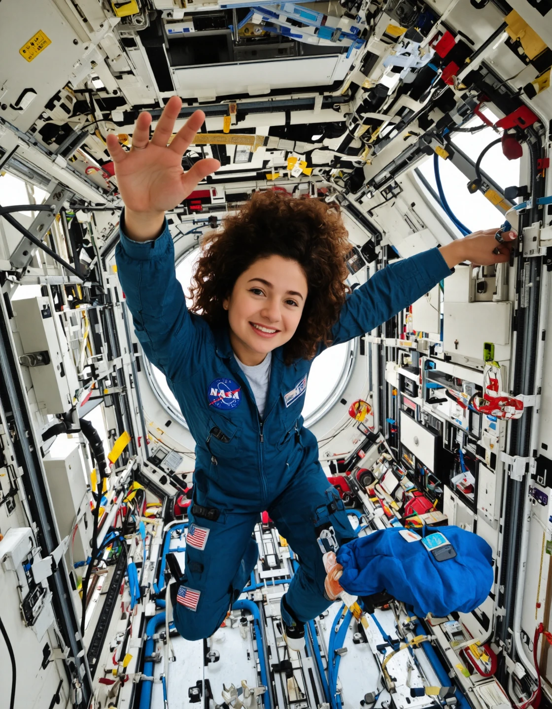 Inside the ISS, Jessica floats gently in zero-G, her hand lightly gripping a silver support rail. Her blue jumpsuit is dotted with patches—NASA, the American flag, and a mission emblem over her chest. Her voluminous curls are haloed around her head, giving her a cherubic presence amidst the high-tech chaos. Around her: crisscrossing wires, data panels, and glimpses of Earth’s curve through a nearby porthole. Her face shows focus and warmth, reaching toward the camera in mid-motion, embodying calm control amid the intricate heart of human space exploration.