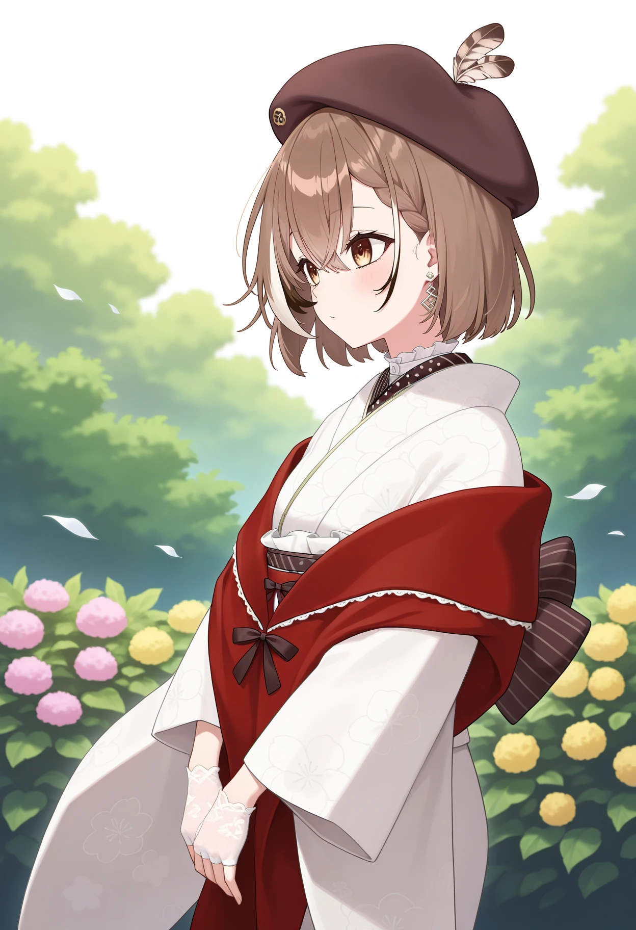 best quality, masterpiece, 1girl, bbmumei, short hair, streaked hair, brown hair, braid, beret, brown headwear, single earring, brown eyes, red shawl, white kimono, wide sleeves, lace gloves, white gloves, fingerless gloves, <lora:nanashi_mumei_ilxl_v1:0.9>, solo, standing, cowboy shot, wind, from side, garden,