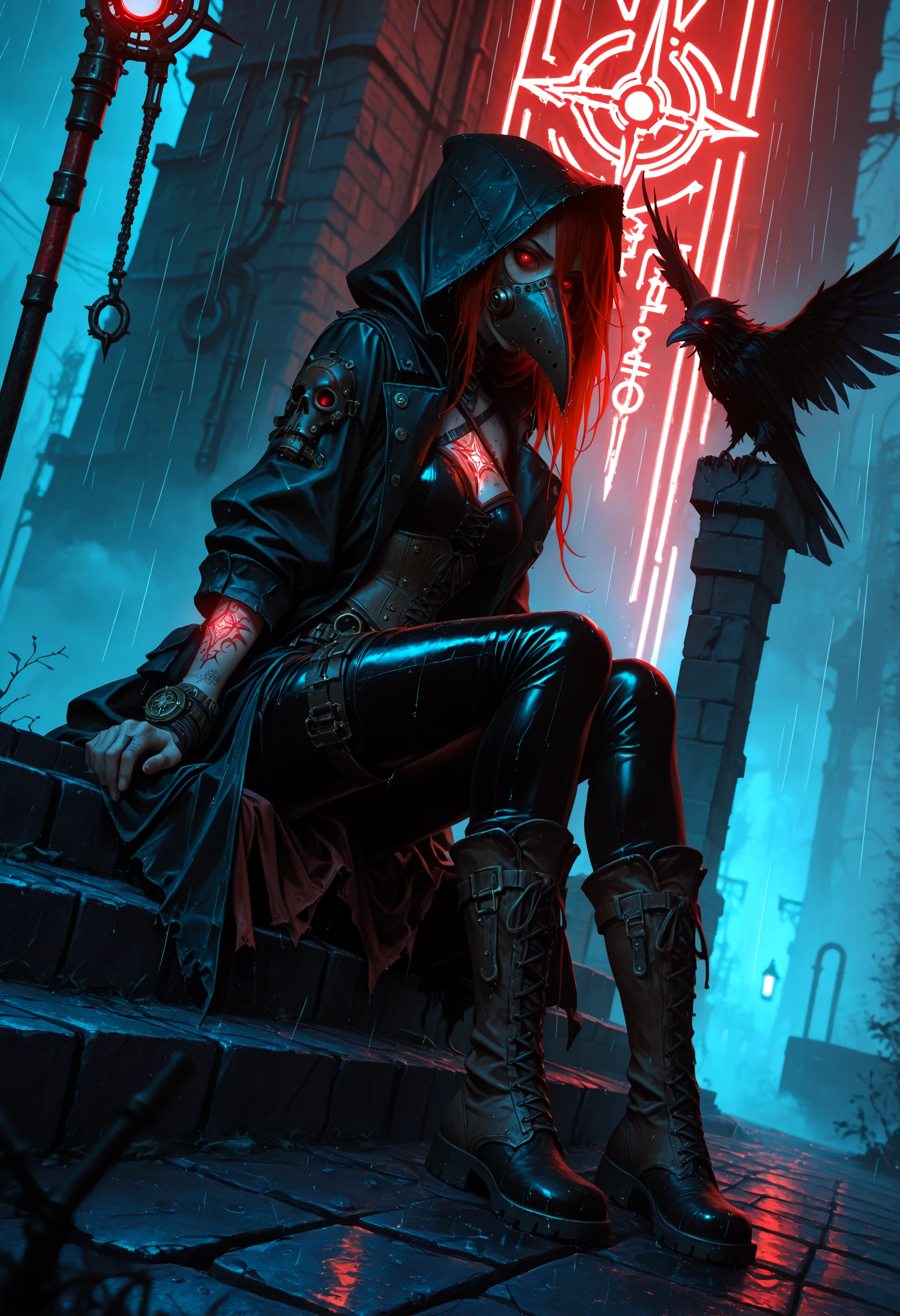 gdv2-illu, 1girl, solo, gritty urban fantasy setting, sitting on cracked cobblestone steps in a shadowy alley, hooded leather trench coat, brass plague mask with glowing red eyes, corset top, utility belts with vials and charms, tight leather pants, tall heeled combat boots, mechanical staff with arcane glyphs, perched crow with glowing eye, long crimson hair spilling from under hood, glowing sigil tattoos on skin, rain-soaked pavement reflecting neon lights, blue and red ambient lighting, dramatic shadows, fog creeping along the ground, cinematic lighting, high-detail, dark fantasy, witchpunk aesthetic, gothic steampunk, raven familiar, arcane hunter, dynamic pose, concept art
masterpiece, 8k, blurry, blurry foreground, amazing quality, newest, textured clothing, ultra-detailed, depth of field, volumetric_lighting, blurry_background, dutch angle, amazing background, wind lift