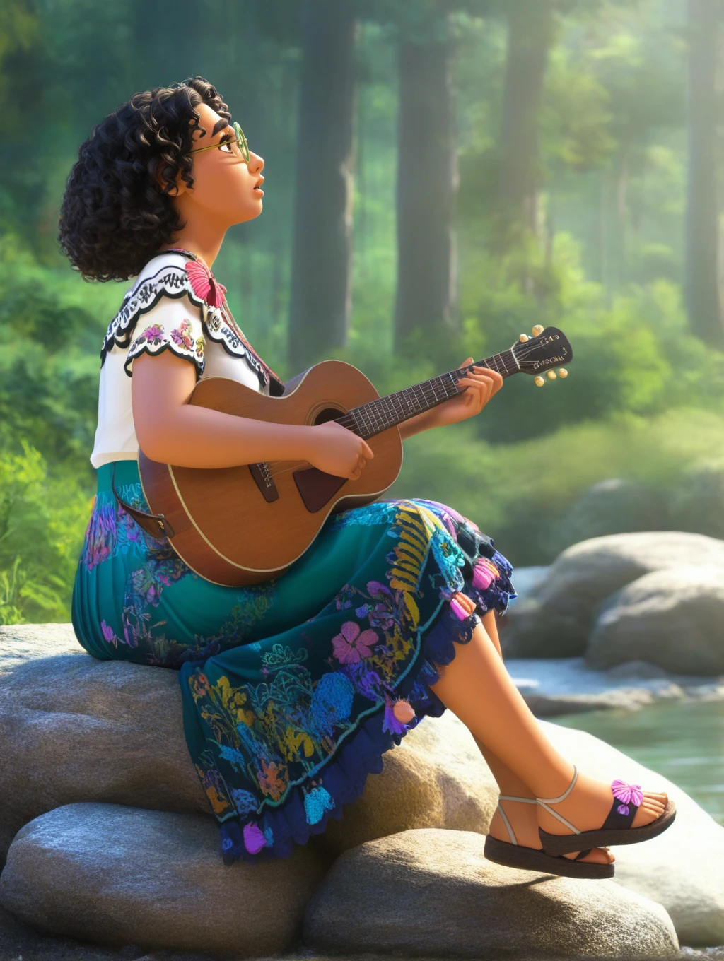 masterpiece, best quality, amazing quality, very aesthetic, absurdres, newest, Mirabel_Madrigal, short hair, curly hair, black hair, green glasses, brown eyes, brown skin, lips, 1girl, looking at viewer, floral print, blue skirt, white shirt, short sleeves, frills, butterfly print, sandals, playing guitar, from side, profile, sitting on rock, forest, parted lips, original style