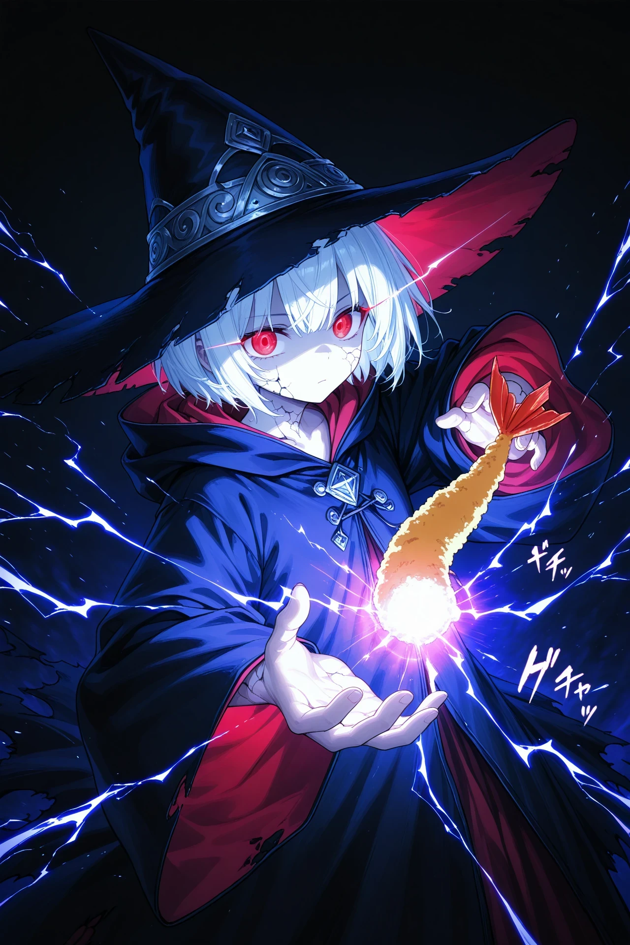 cute, 1girl, solo, white hair, short hair, red eyes, torn clothes, wizard hat, torn robe, from below, (close-up:2.0), hand focus, dutch angle, shaded face, (cracked skin:1.3), hollow body, expressionless, dynamic, dynamic pose, fighting stance, hand up, magic, [energy ball:(shrimp tempura:1.5):0.1], dark aura, (eye trail, light trail:1.5), glowing eyes, (electricity:1.3), (motion blur:1.5), motion lines, (sound effects:2.0), dark background, masterpiece, best quality, very aesthetic