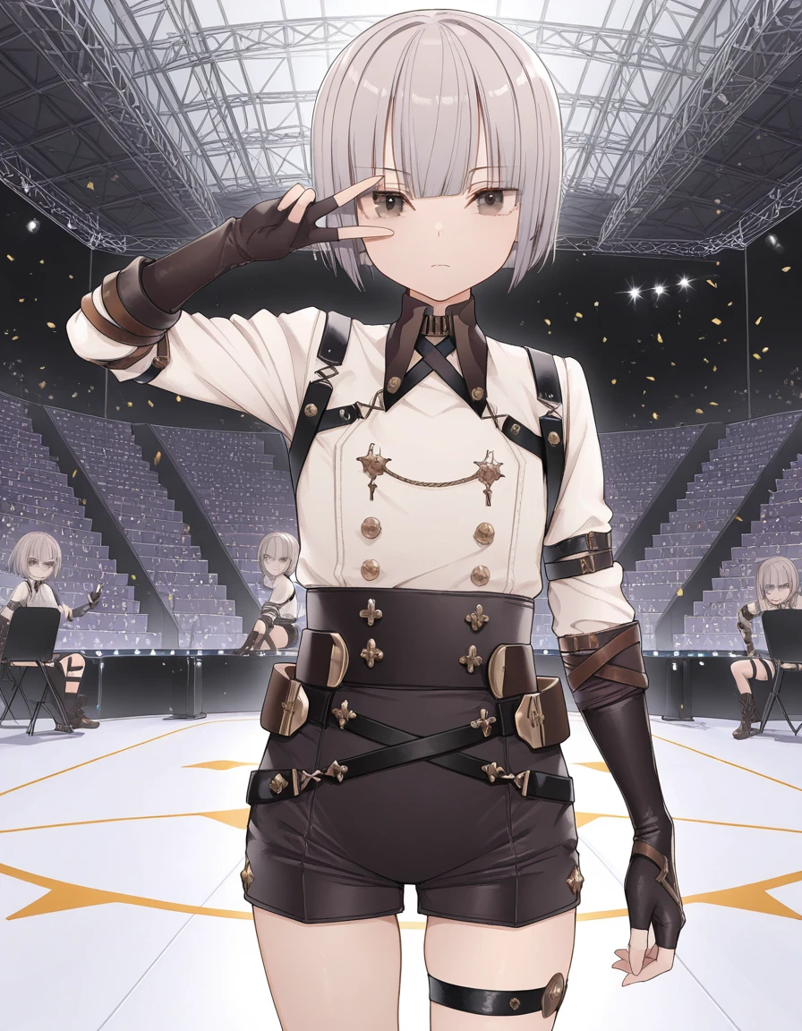 masterpiece, best quality, amazing quality,, <lora:towatsugai-suzume-illustriousxl-lora-nochekaiser:1>, suzume, short hair, bangs, brown eyes, grey hair, androgynous,, shirt, gloves, long sleeves, white shirt, shorts, black gloves, collared shirt, belt, fingerless gloves, thigh strap, black shorts, single glove, v, v over eyes,, amphitheater, seats, outdoor, stage, large, cowboy shot, solo, looking at viewer