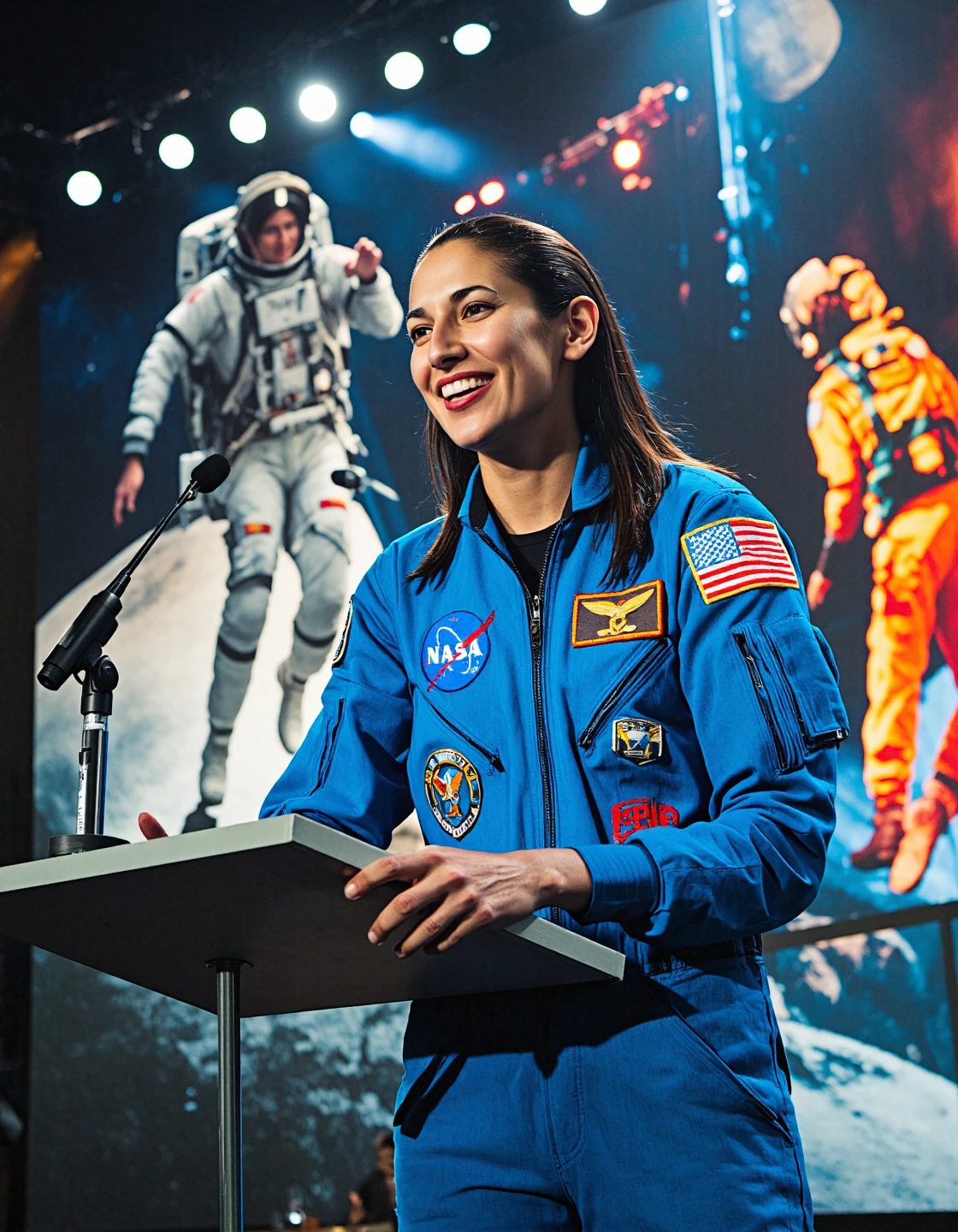 On a stage beneath soft white lights, a female astronaut addresses a crowd from a podium. She wears a clean, blue NASA jumpsuit adorned with colorful mission patches, including an eagle crest and flight insignia. Her hands rest on the microphone stand, eyes bright, and her warm smile is genuine. A large astronaut mural glows behind her, showing a stylized spacewalker. Her dark features are elegant, her tone confident, her presence inspiring.
(activation: photorealistic, presentation, NASA stage, cinematic, female astronaut, event lighting)