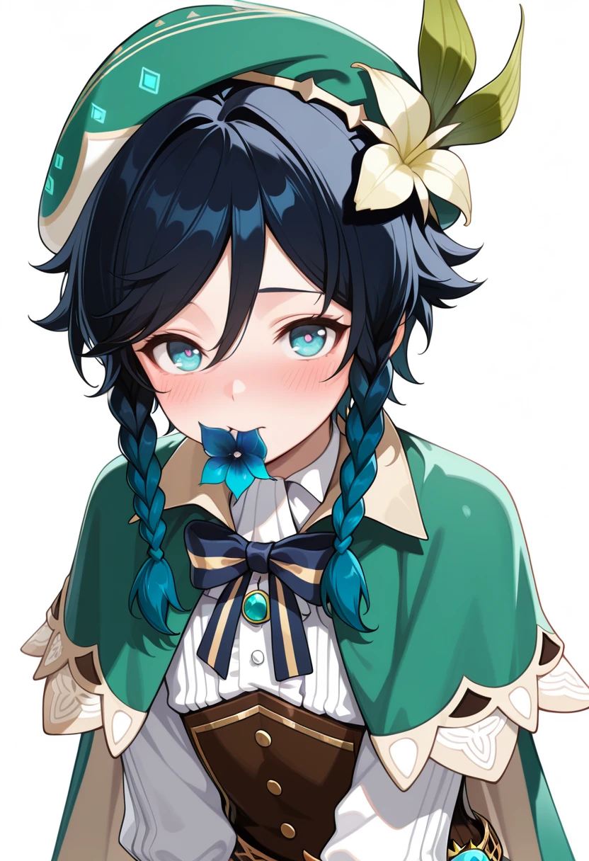 1boy,
(genshin impact:1.1),
amazing quality, high resolution, ultra-detailed, venti, flower, solo, hat, beret, green headwear, blue flower, vision, mouth hold, frilled sleeves, twin braids, long sleeves, green eyes, blush, bangs, looking at viewer, hat flower, leaf,
masterpiece, best quality, very aesthetic, absurdres