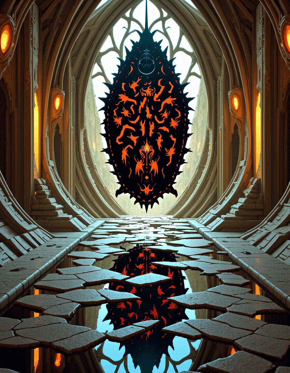 touch of tzeentch, writhing shadows, inverse geometry — a black mirror is suspended in zero gravity inside a vault shaped like an inverted cathedral. Its surface churns with silhouettes: limbs in impossible configurations, faces folding inward, wings that weep. A servo-skull hovers nearby, weeping data-tears. It projects fragmented memories: dreams that end with laughter, birth scenes corrupted by insects. Reflections move independently. A whisper grows into a scream. The mirror births nothing — it births the idea of something. Something that is now behind you.