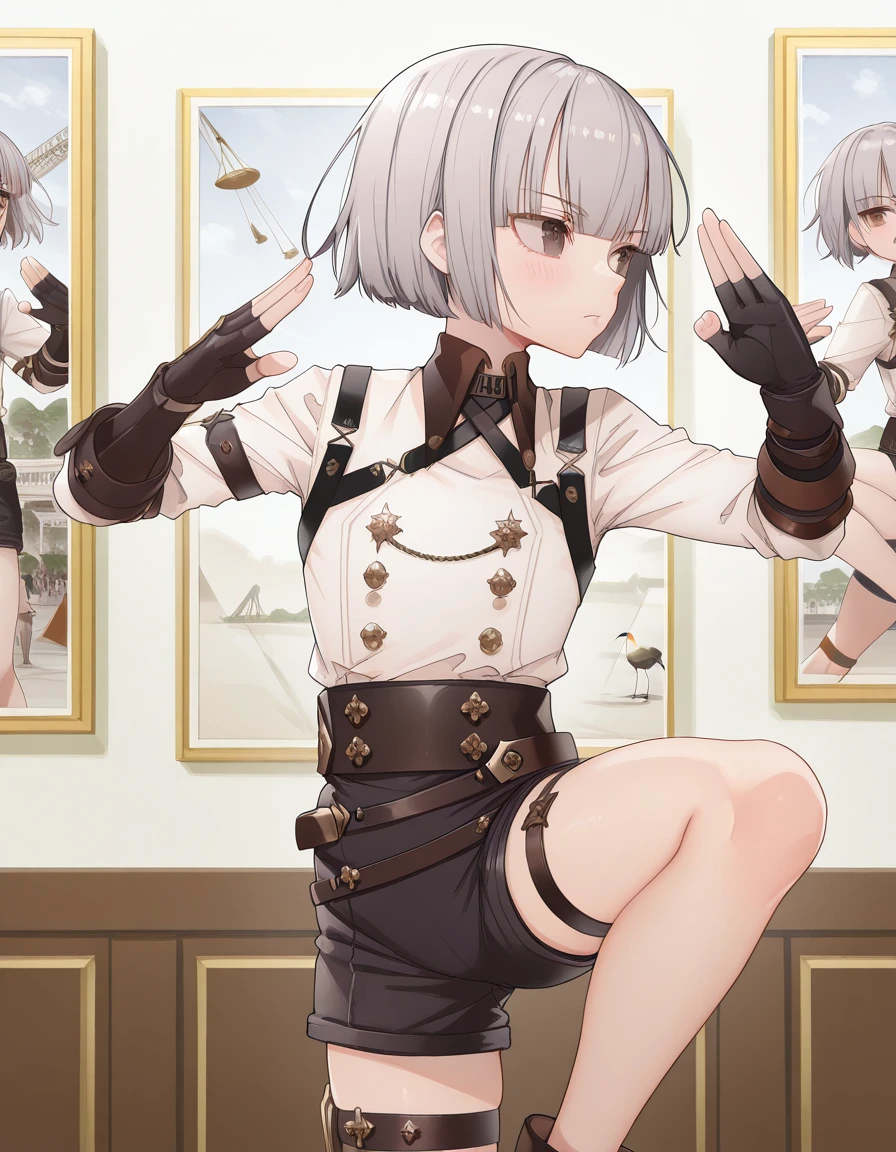 masterpiece, best quality, amazing quality,, <lora:towatsugai-suzume-illustriousxl-lora-nochekaiser:1>, suzume, short hair, bangs, brown eyes, grey hair, androgynous,, shirt, gloves, long sleeves, white shirt, shorts, black gloves, collared shirt, belt, fingerless gloves, thigh strap, black shorts, single glove, <lora:crane-stance-illustriousxl-lora-nochekaiser:1>, crane stance, fighting stance, closed mouth, leg up, standing, standing on one leg, looking to the side, hands up, open mouth, blush, solo, museum, exhibits, art, history, visitors, cowboy shot, solo, looking at viewer